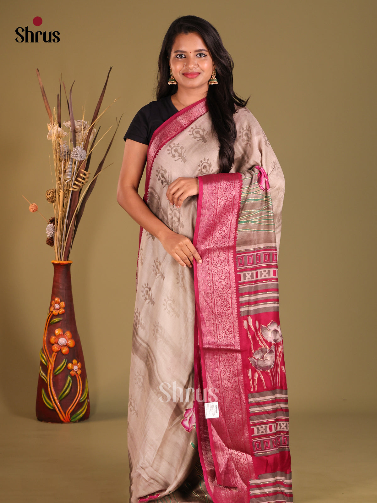 Grey & Maroon - Semi Dola silk Saree - Shop on Shrus.com
