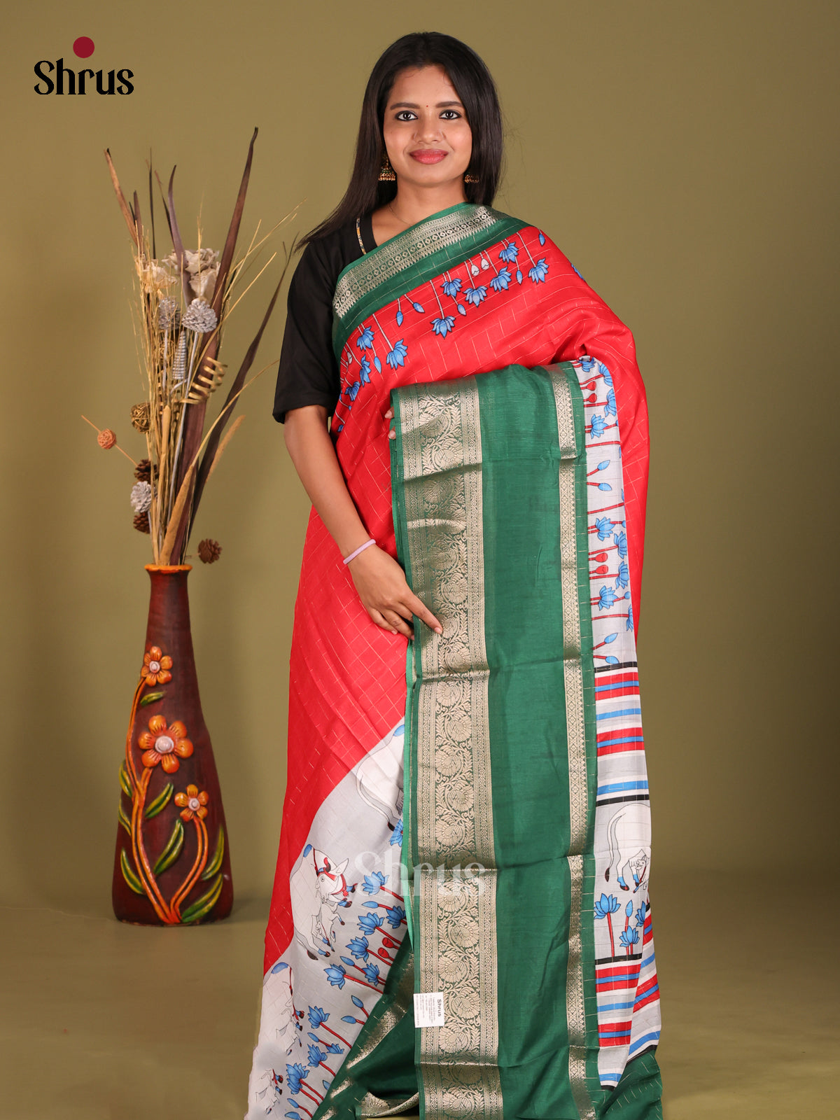 Red & Green - Semi Dola silk Saree - Shop on Shrus.com