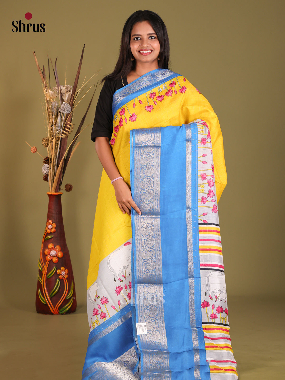 Yellow & Blue - Semi Dola silk Saree - Shop on Shrus.com