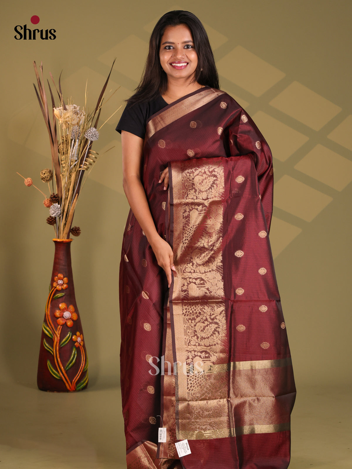 Maroon - Semi Kota Saree - Shop on Shrus.com