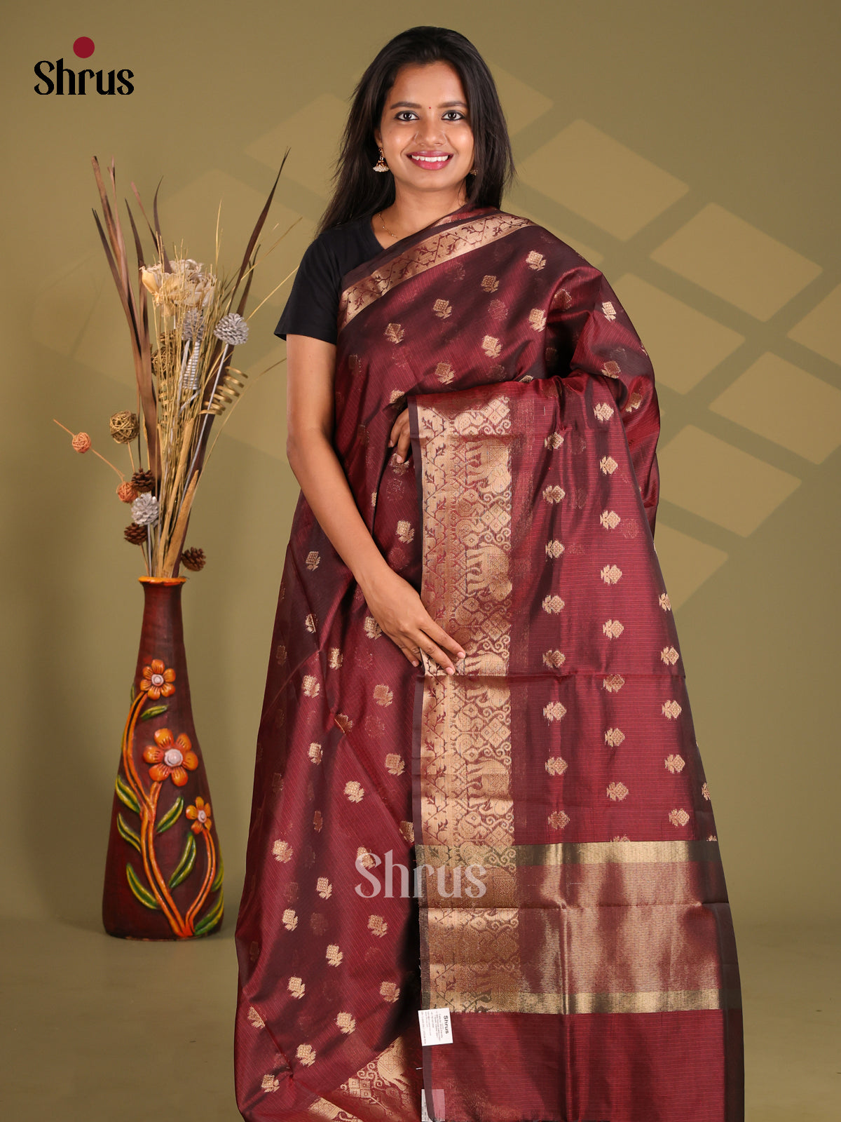 Maroon - Semi Kota Saree - Shop on Shrus.com