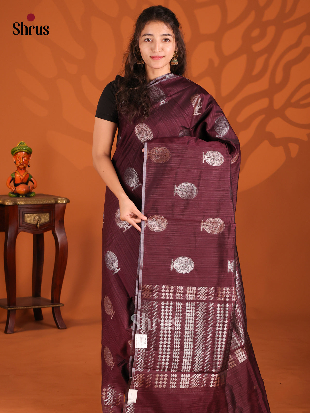 Maroon - Semi Jute Saree - Shop on Shrus.com