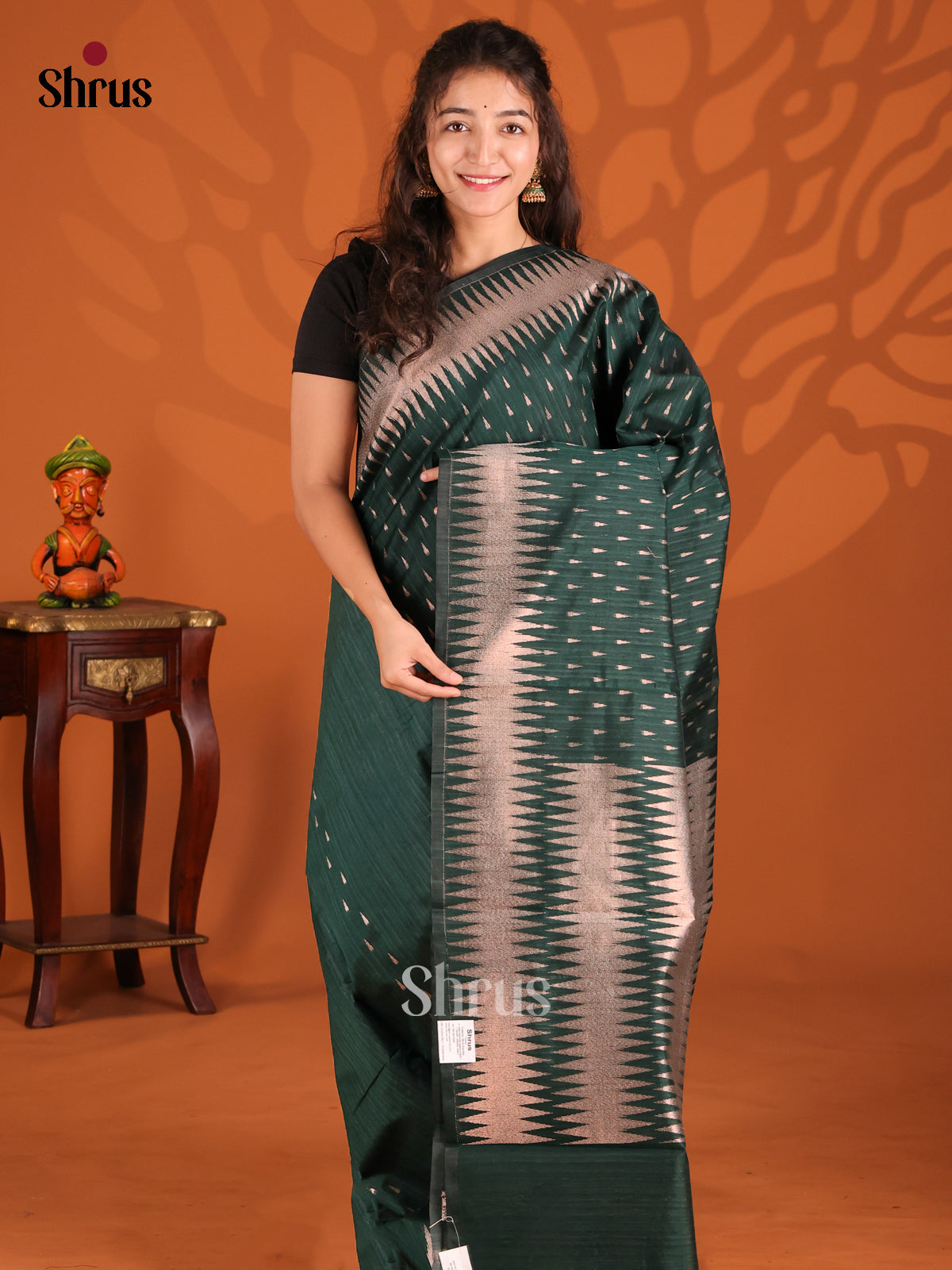 Dark Green - Semi Jute Saree - Shop on Shrus.com