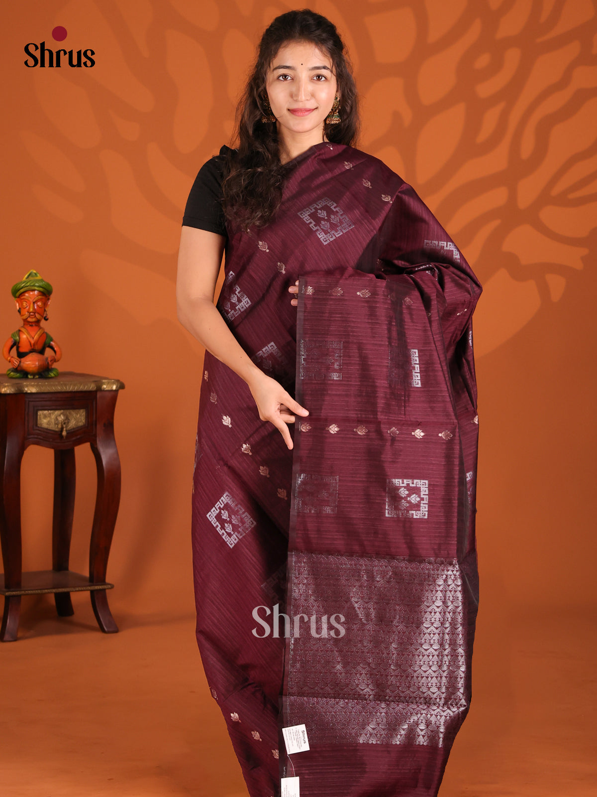 Maroon- Semi Jute Saree - Shop on Shrus.com