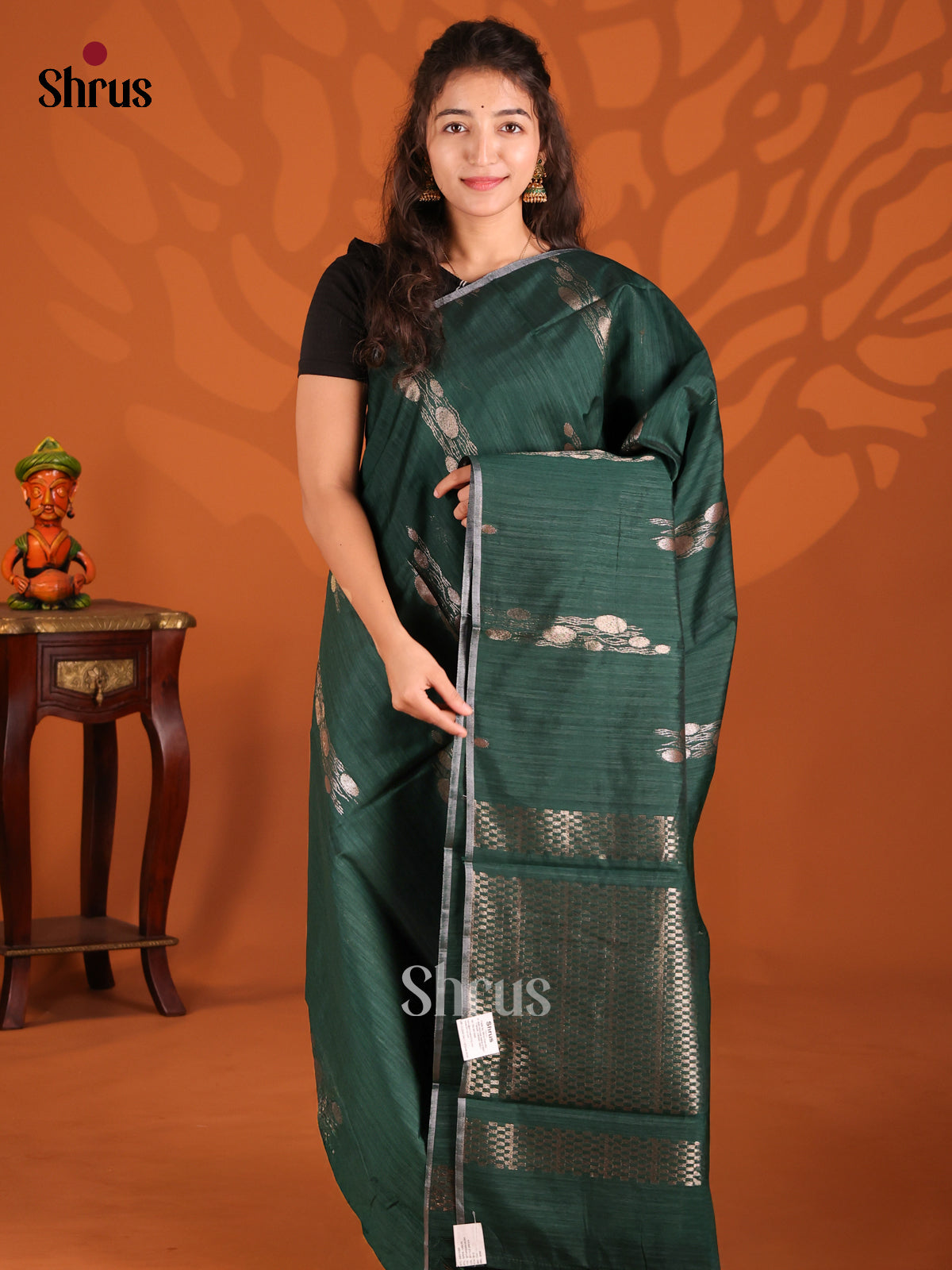 Dark Green- Semi Jute Saree - Shop on Shrus.com