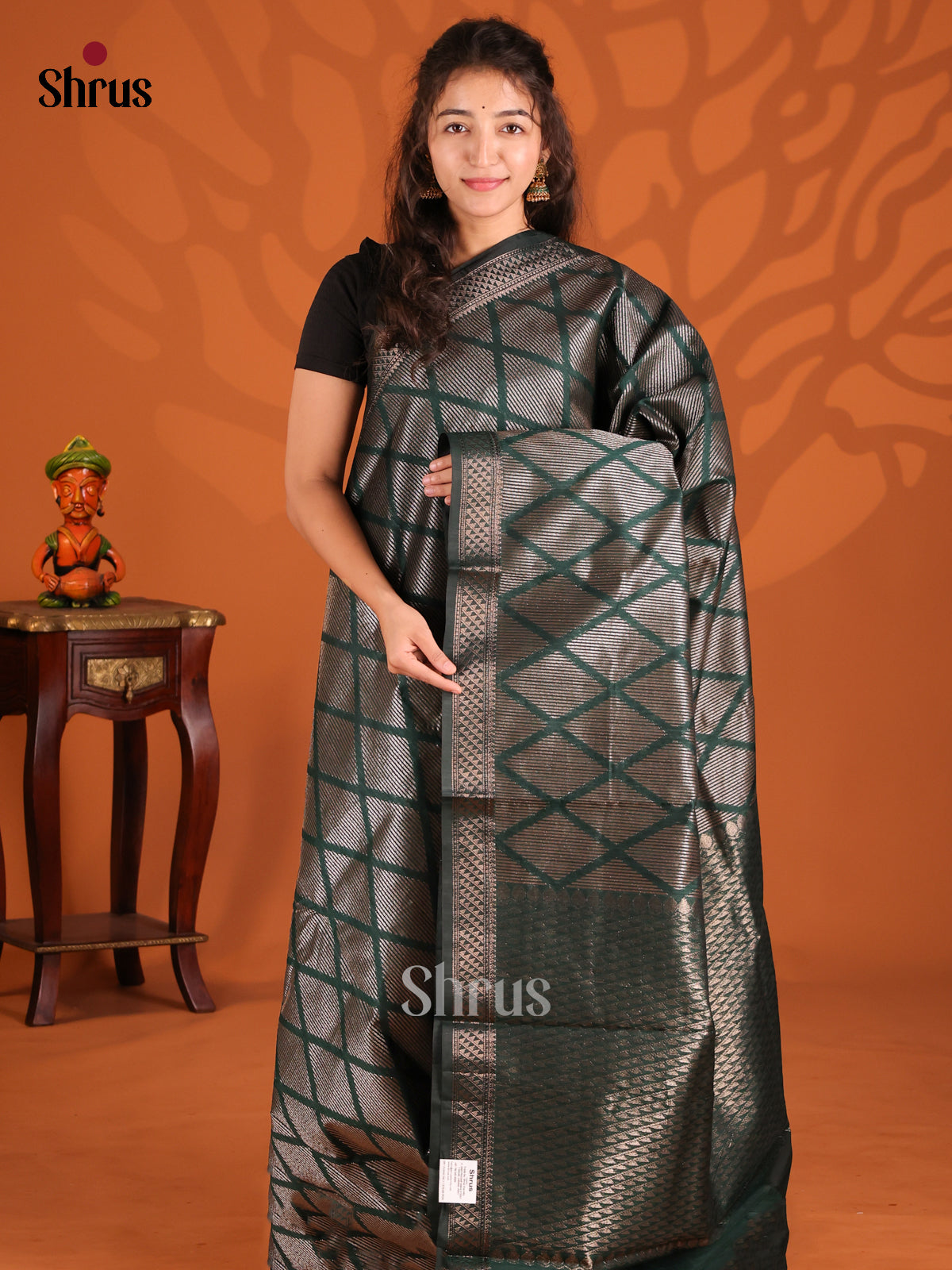 Dark Green- Semi Jute Saree - Shop on Shrus.com