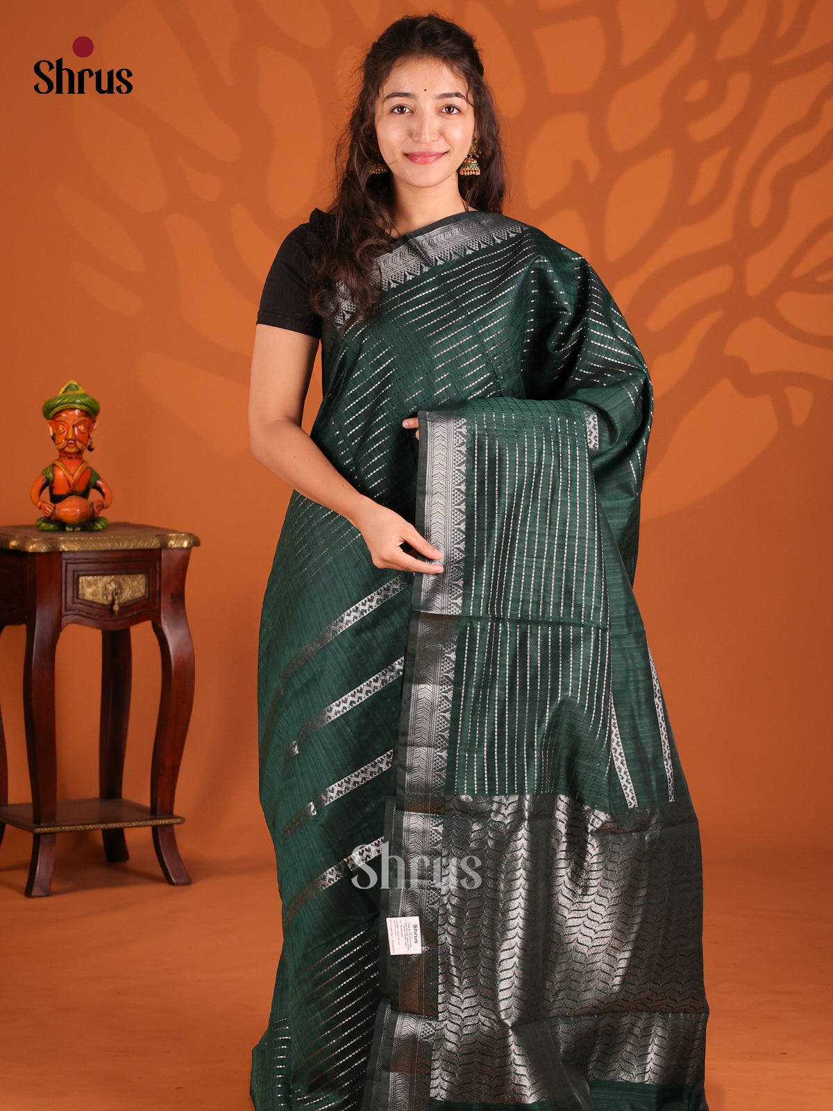 Dark Green - Semi Jute Saree - Shop on Shrus.com