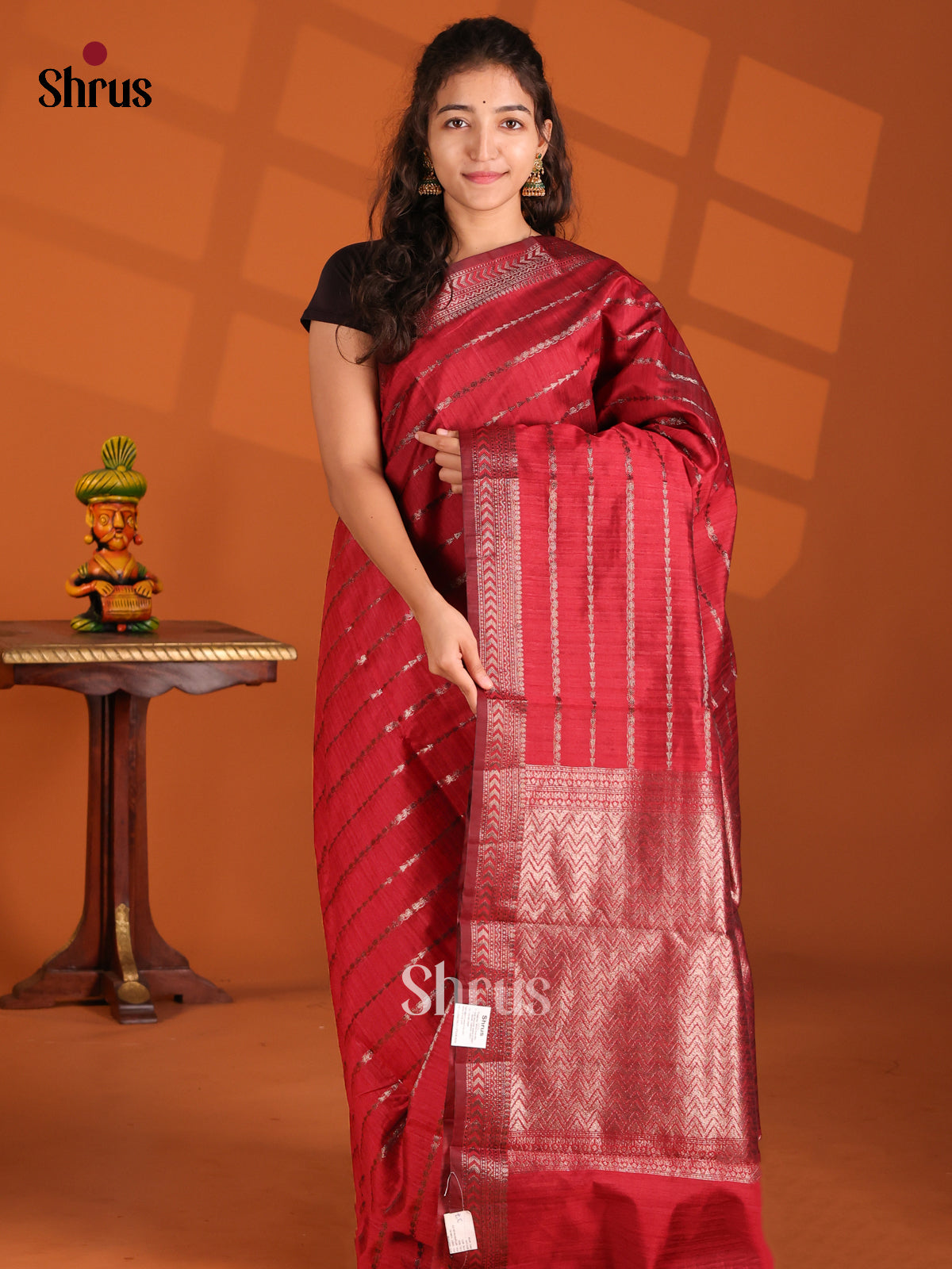 Maroon - Semi Jute Saree - Shop on Shrus.com