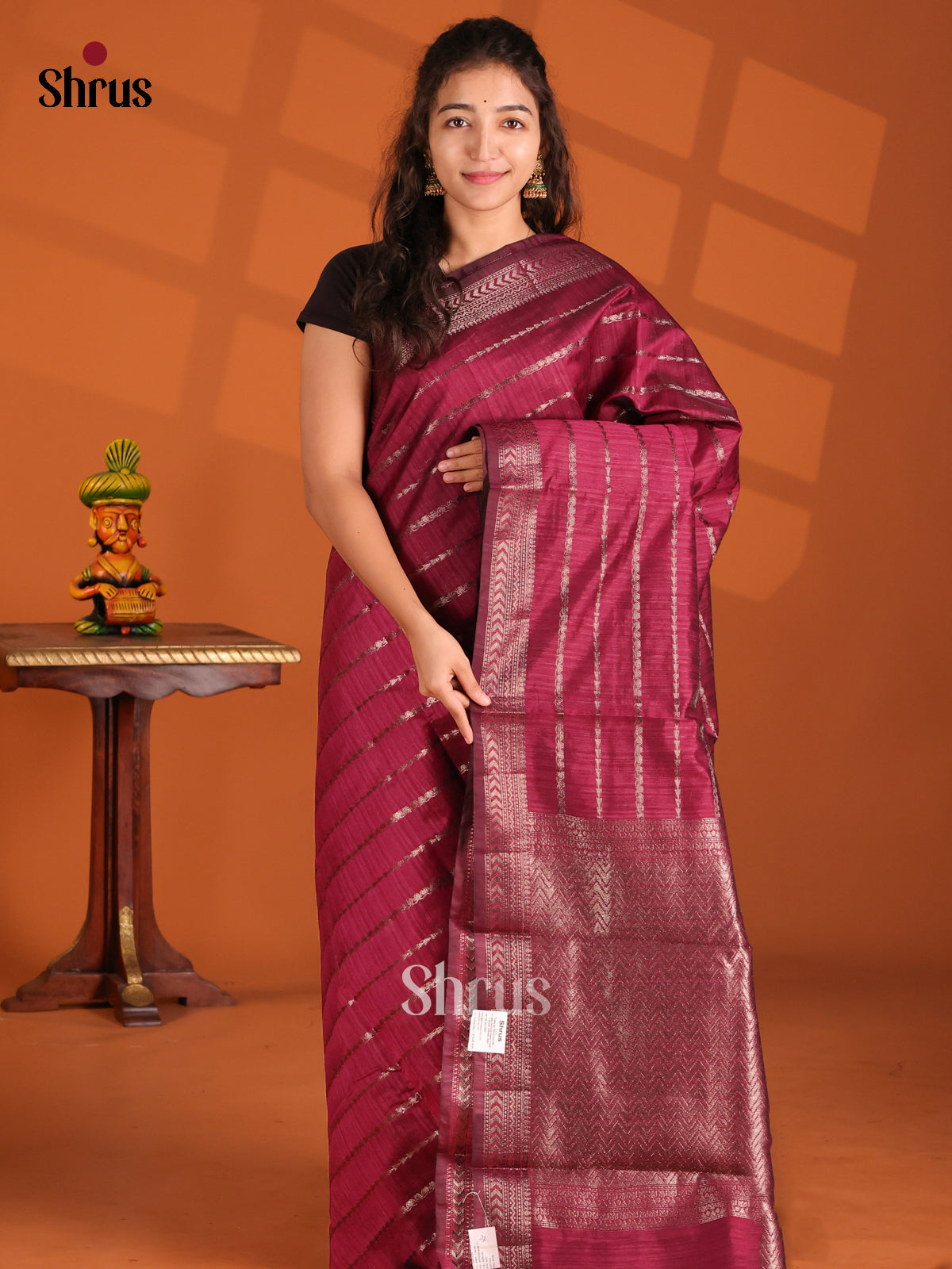 Maroon- Semi Jute Saree - Shop on Shrus.com