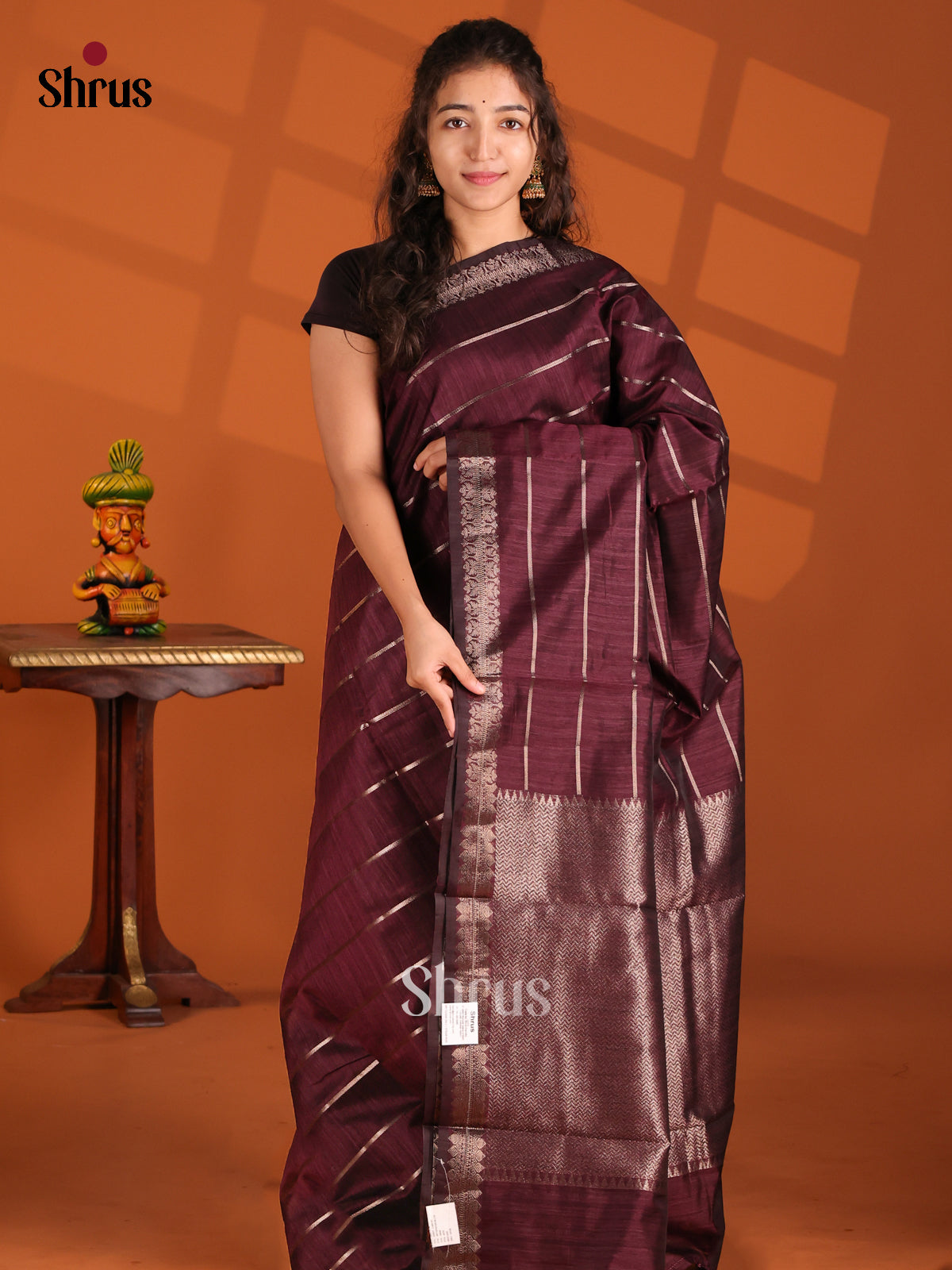 Maroon- Semi Jute Saree - Shop on Shrus.com