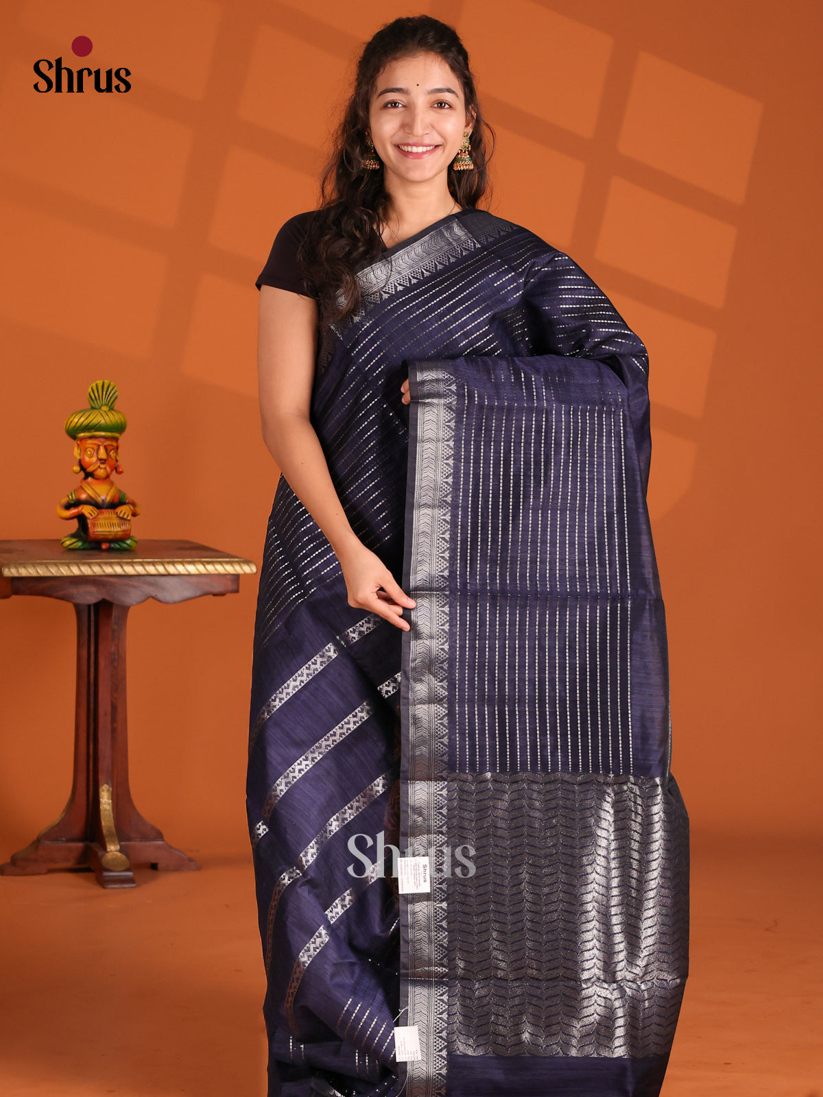 Navy Blue- Semi Jute Saree - Shop on Shrus.com