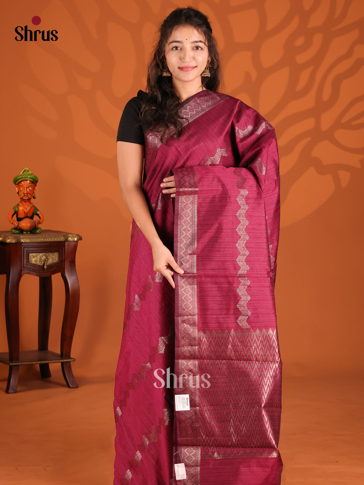 Maroon - Semi Jute Saree - Shop on Shrus.com