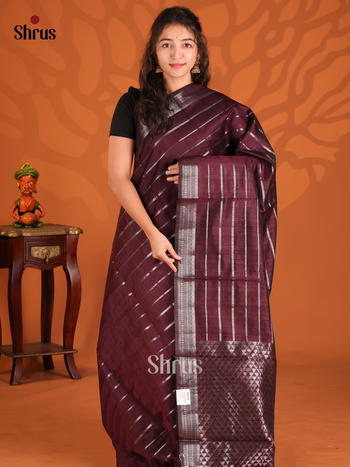 Dark Maroon - Semi Jute Saree - Shop on Shrus.com