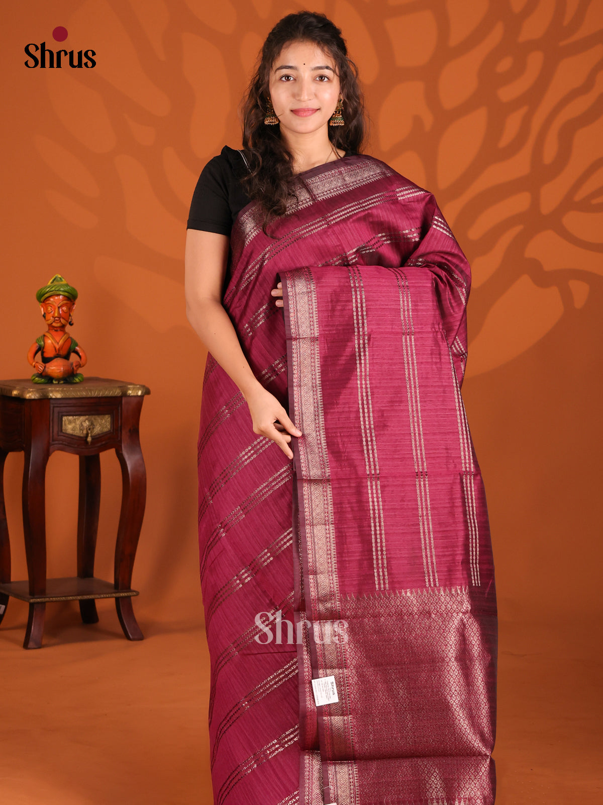 Maroon - Semi Jute Saree - Shop on Shrus.com