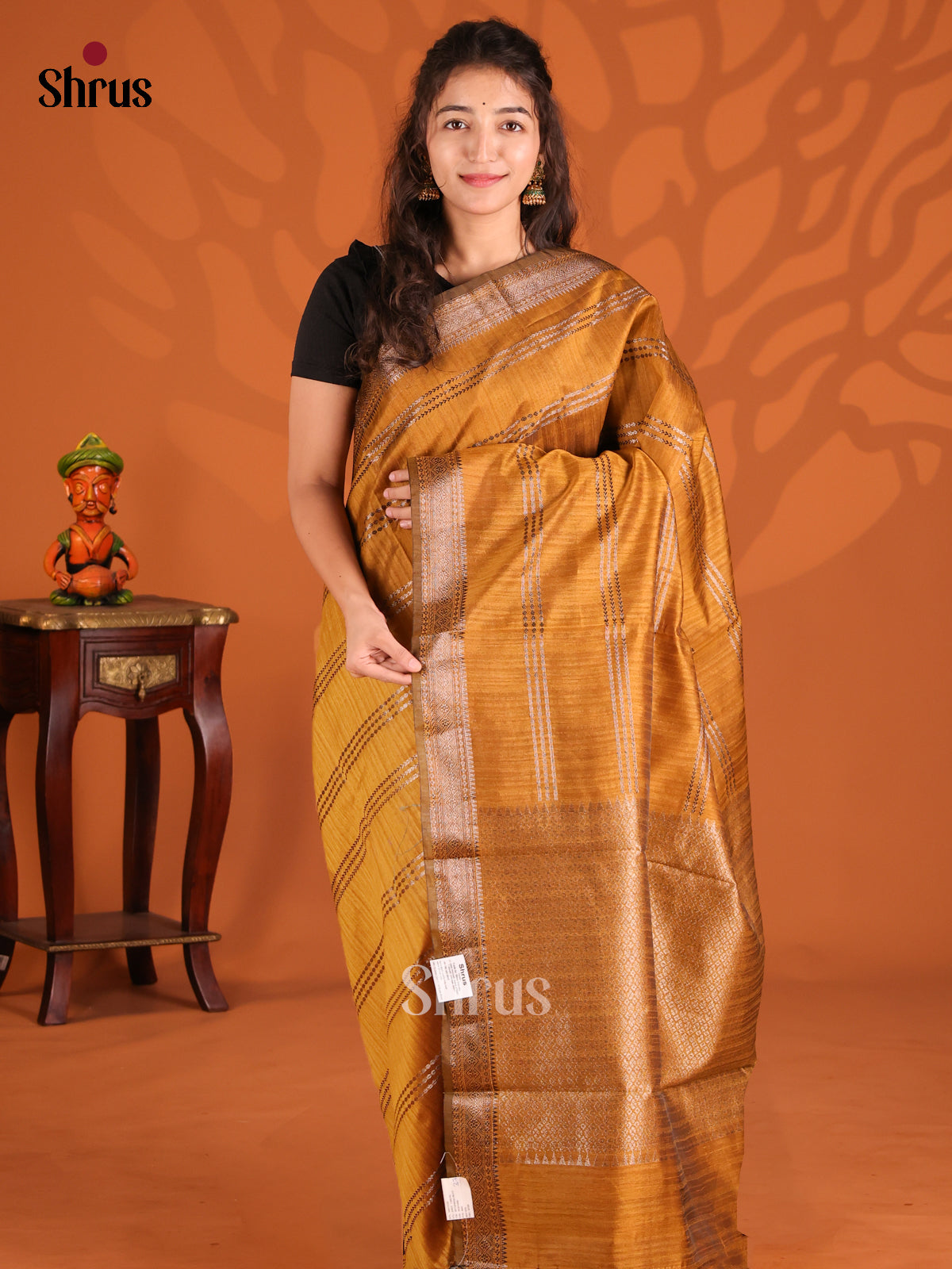 Mustard- Semi Jute Saree - Shop on Shrus.com