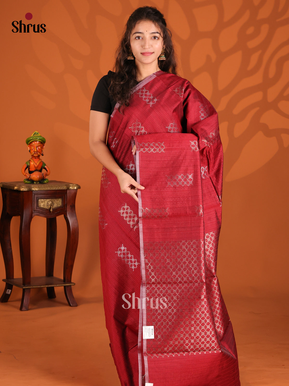 Maroon - Semi Jute Saree - Shop on Shrus.com