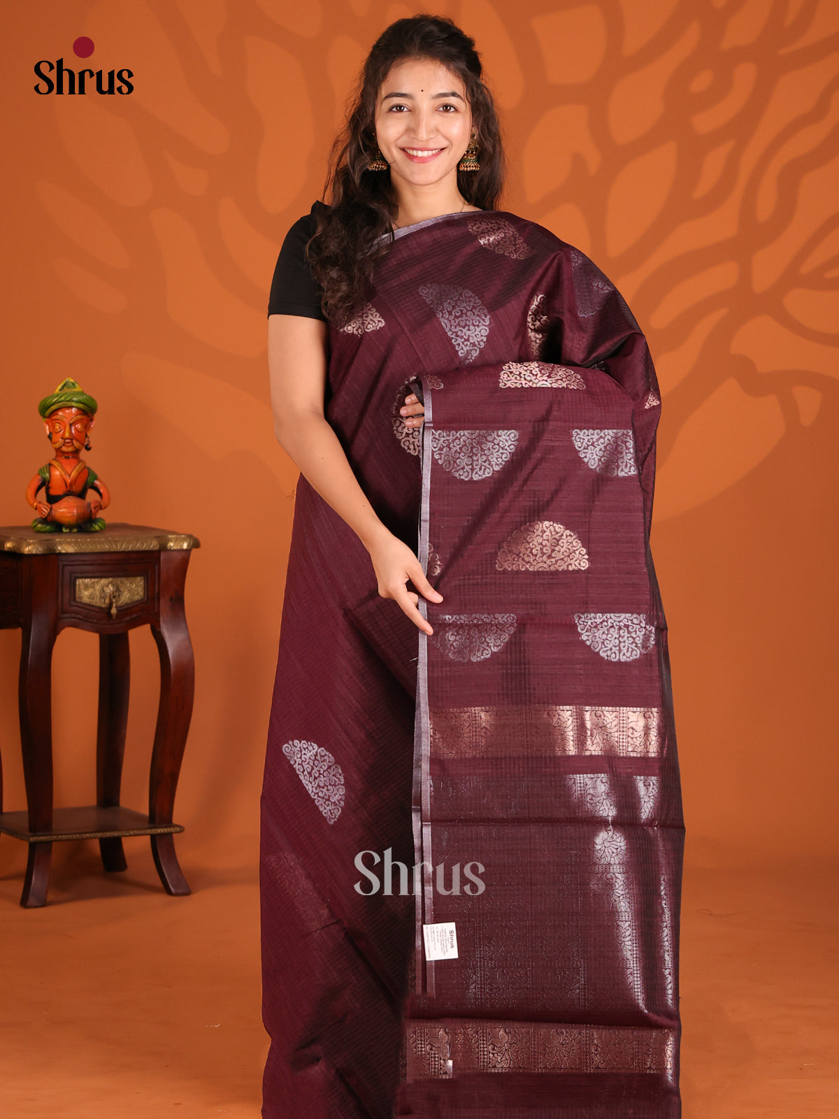 Wine- Semi Jute Saree - Shop on Shrus.com