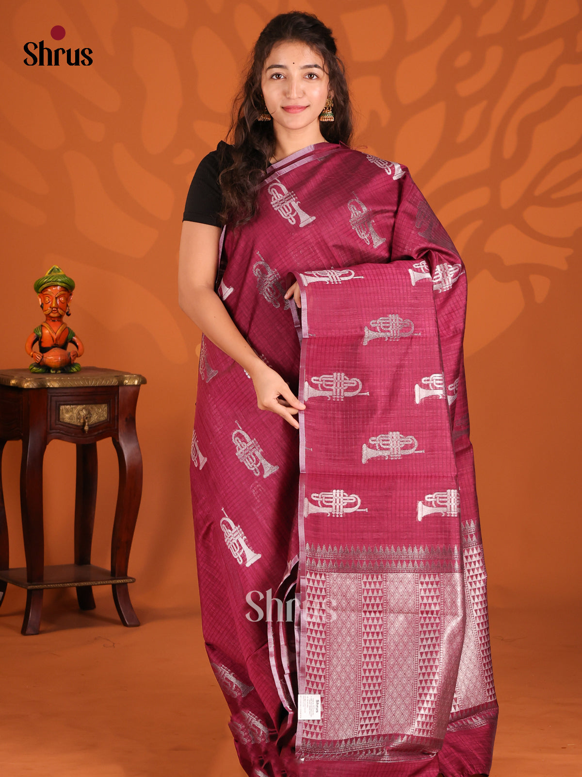 Maroon- Semi Jute Saree - Shop on Shrus.com