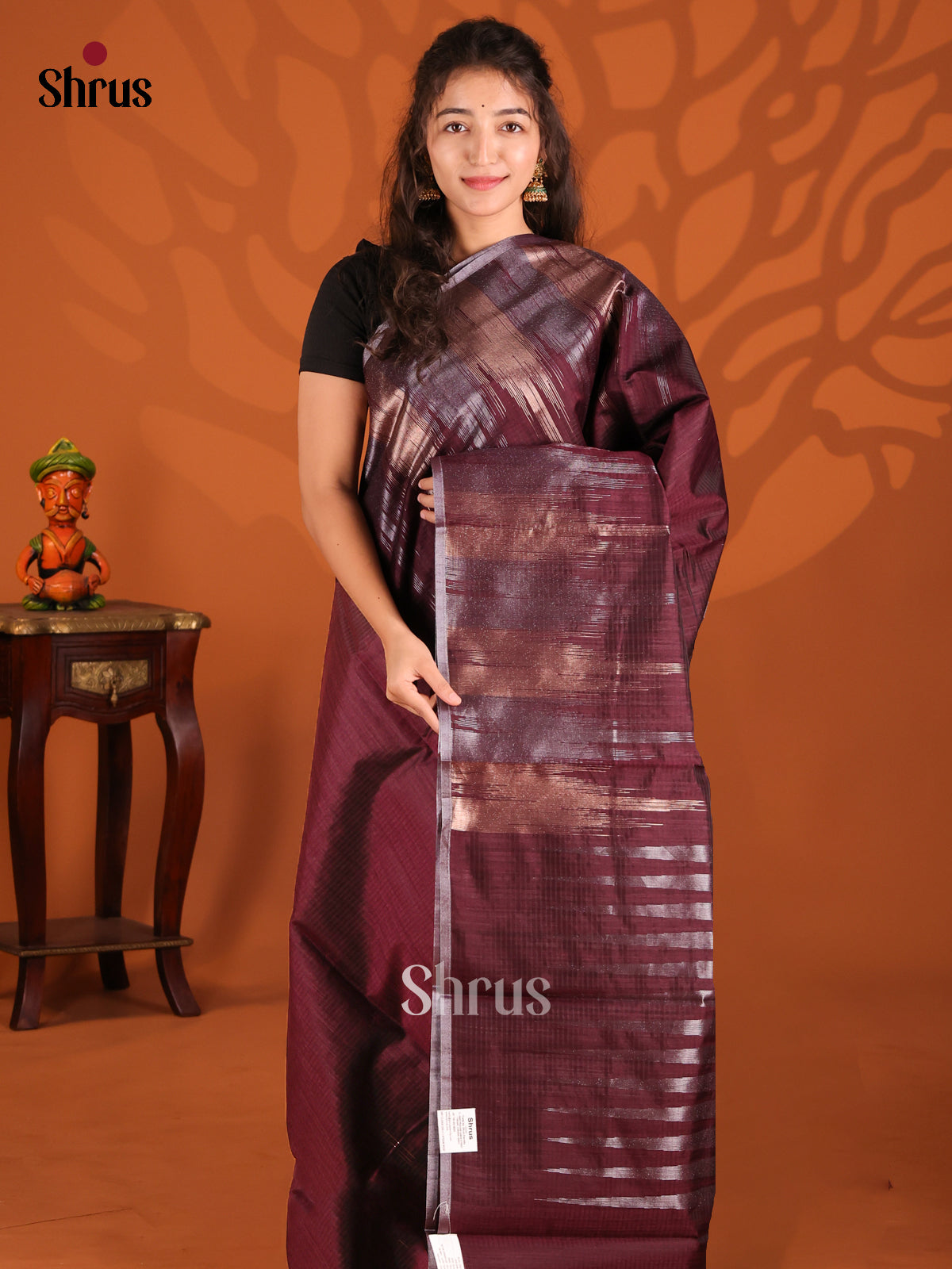 Maroon - Semi Jute Saree - Shop on Shrus.com