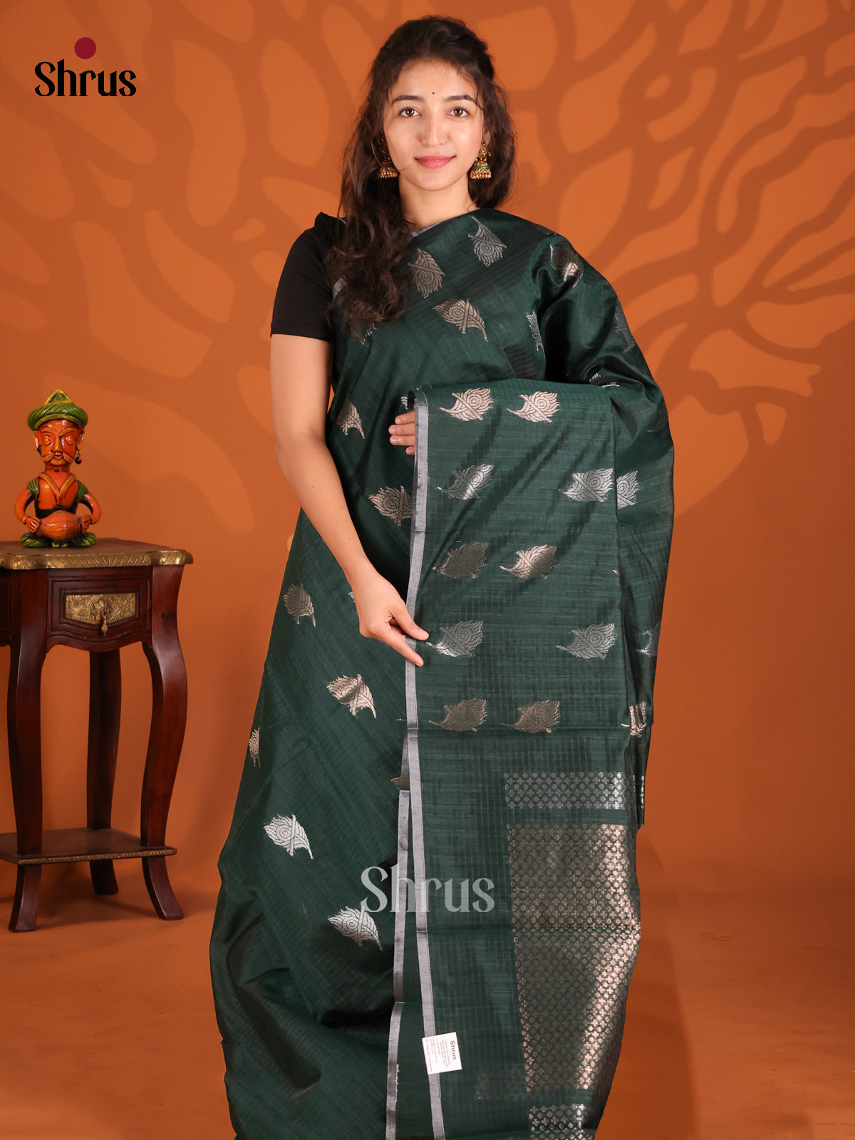 Dark Green- Semi Jute Saree - Shop on Shrus.com