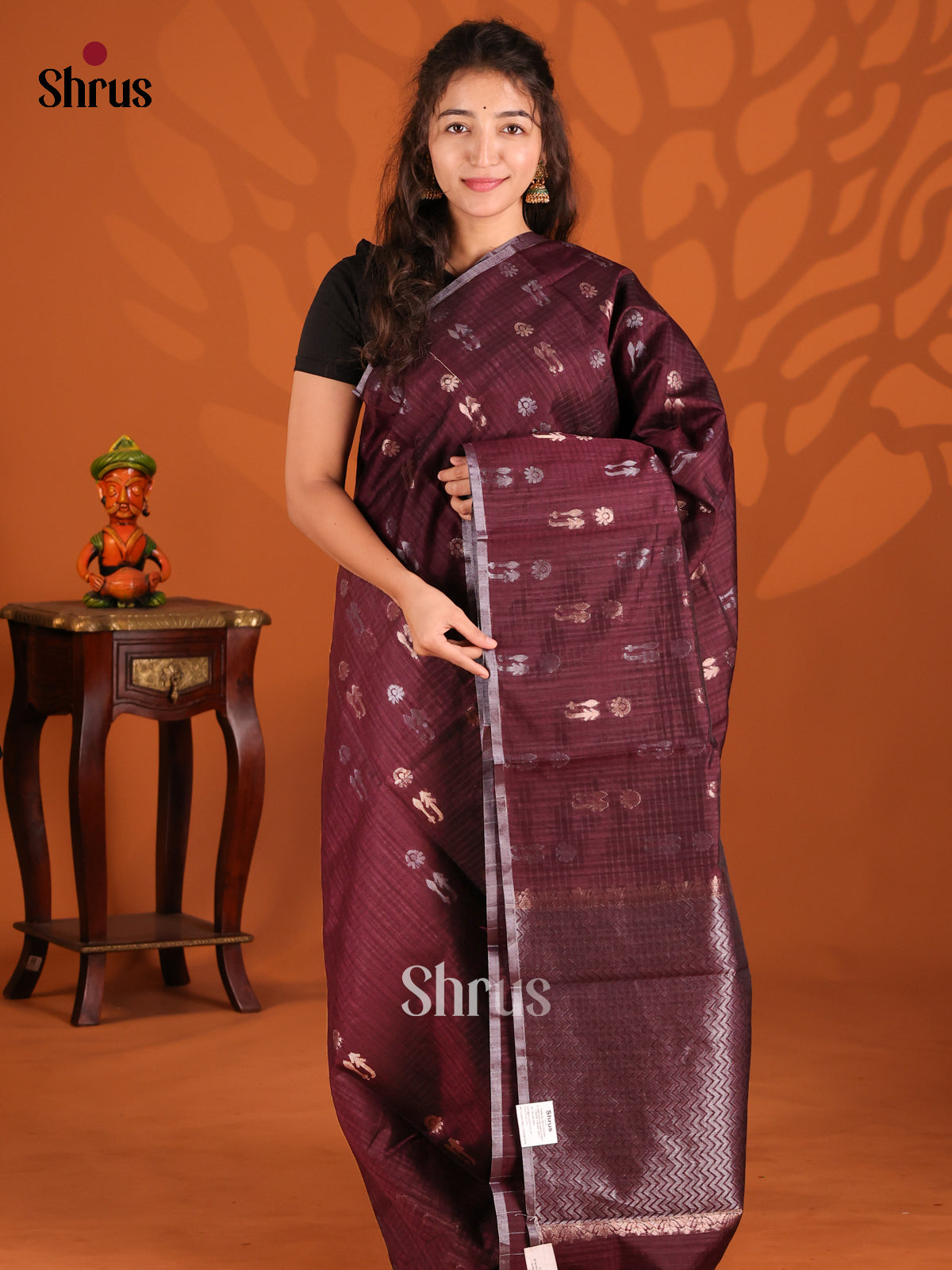 Maroon - Semi Jute Saree - Shop on Shrus.com