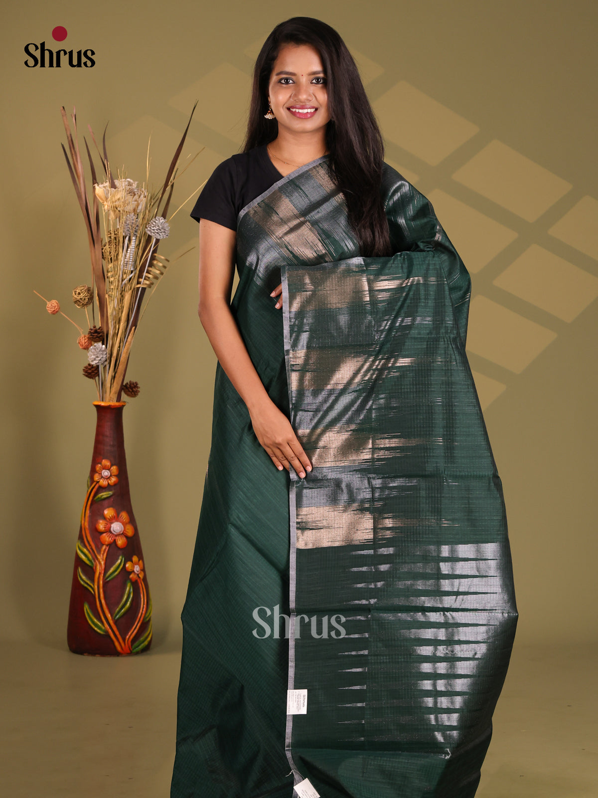 Green- Semi Jute Saree - Shop on Shrus.com