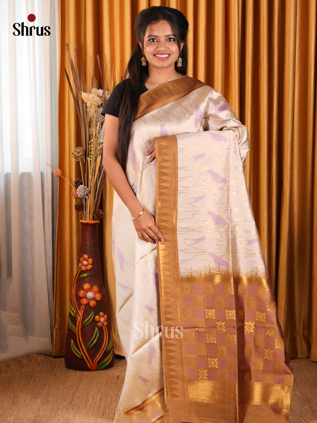 Cream  & Brown - Semi Tussar Saree - Shop on Shrus.com