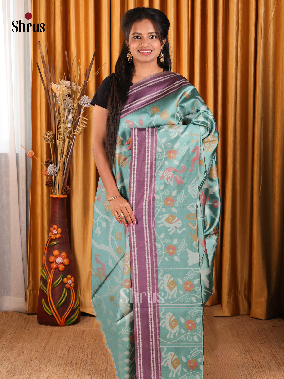 Sea Green & Purple- Semi Tussar Saree - Shop on Shrus.com