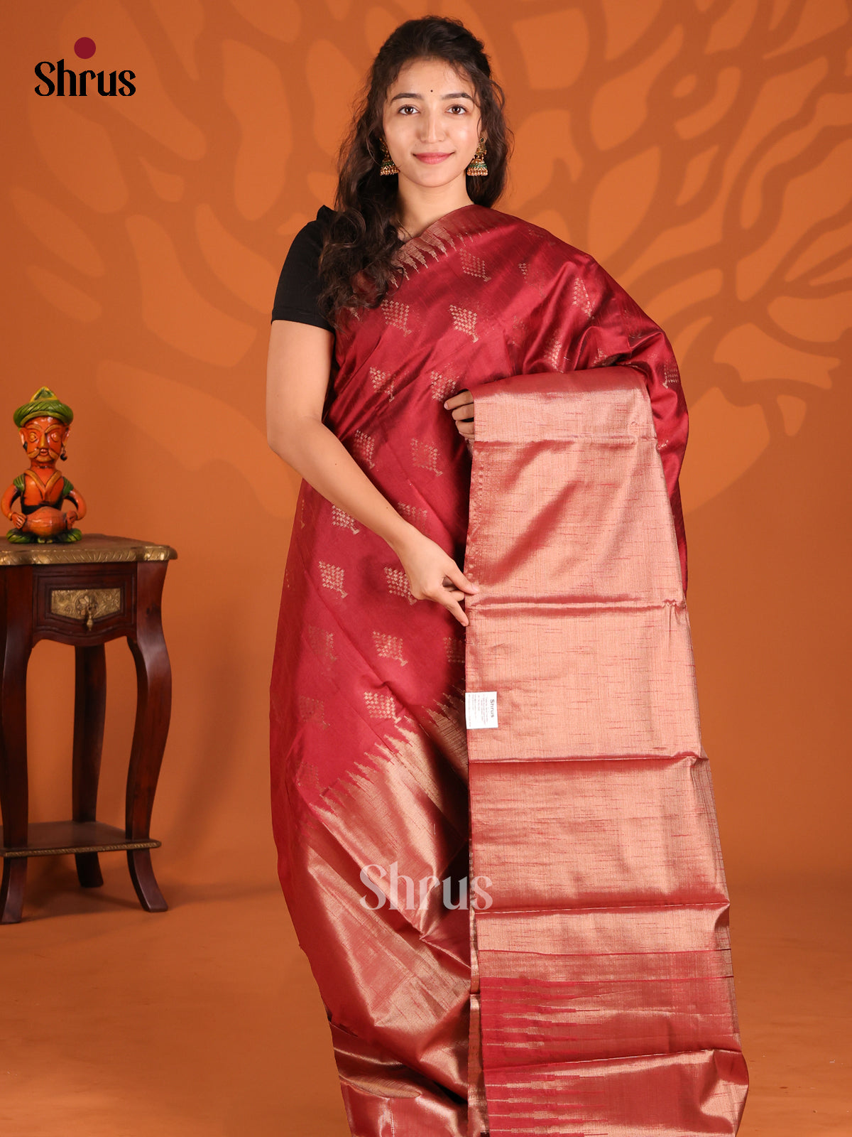 Maroon - Semi Jute Saree - Shop on Shrus.com