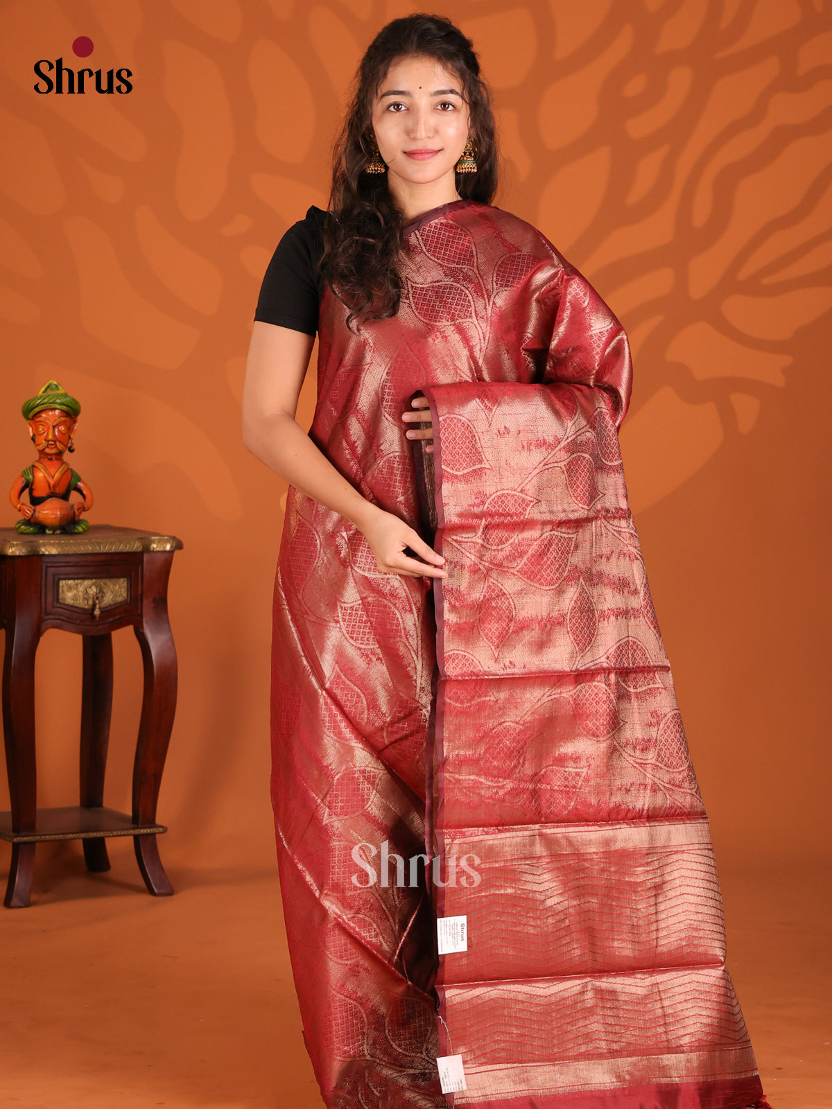 Maroon - Semi Jute Saree - Shop on Shrus.com