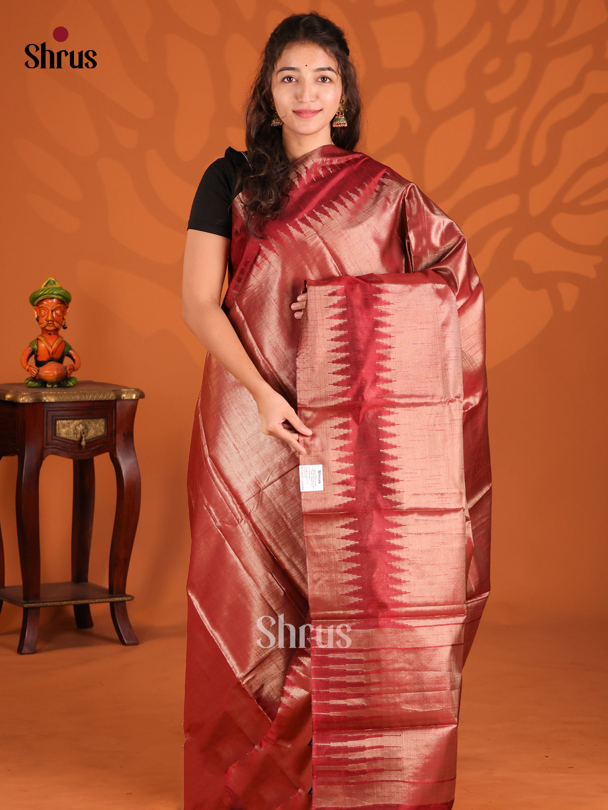 Maroon - Semi Jute Saree - Shop on Shrus.com