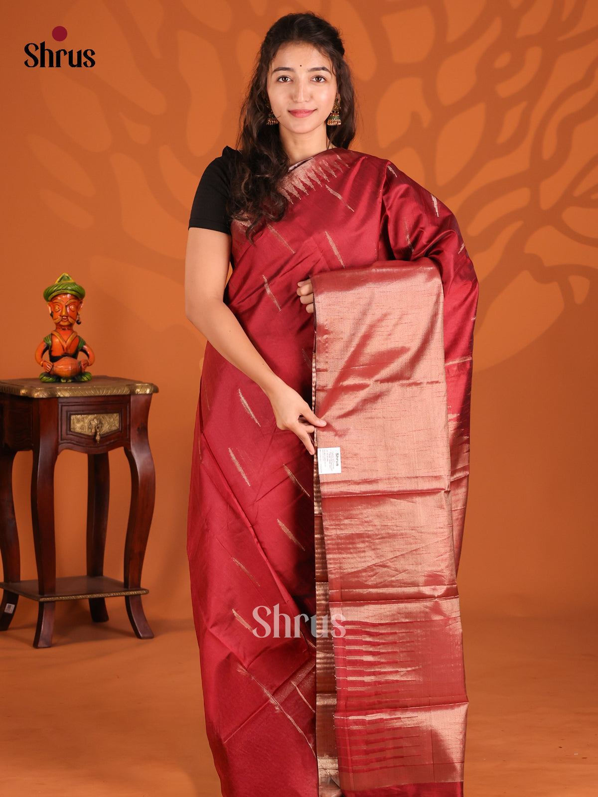 Maroon - Semi Jute Saree - Shop on Shrus.com