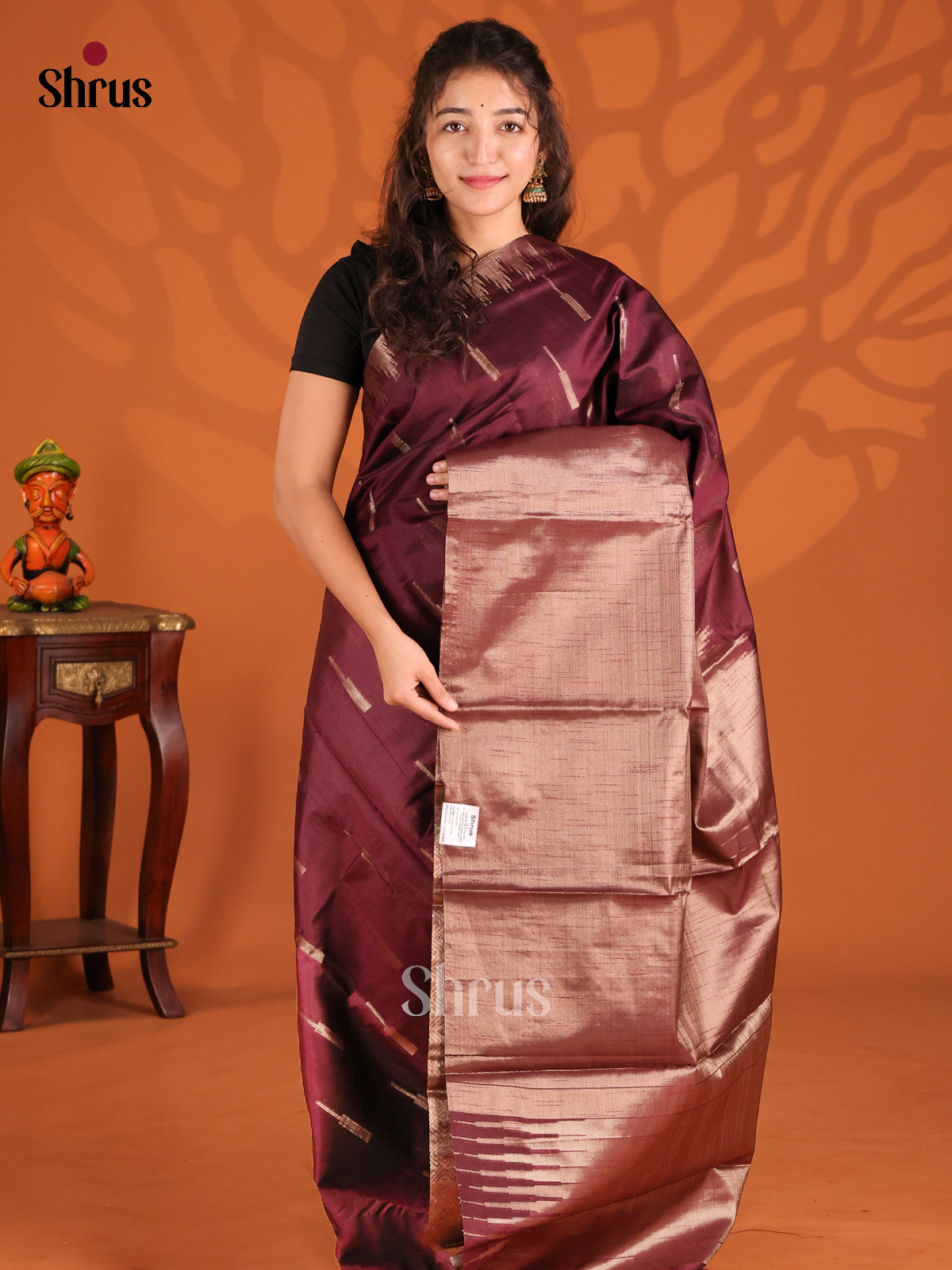Maroon - Semi Jute Saree - Shop on Shrus.com