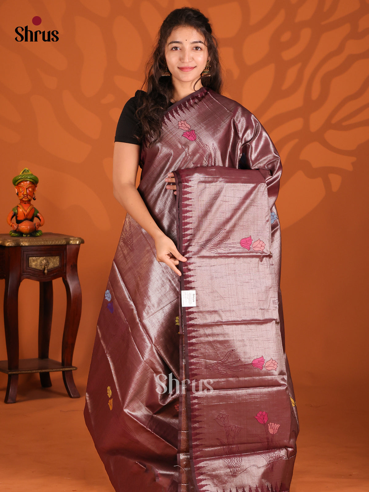 Dark Maroon - Semi Jute Saree - Shop on Shrus.com