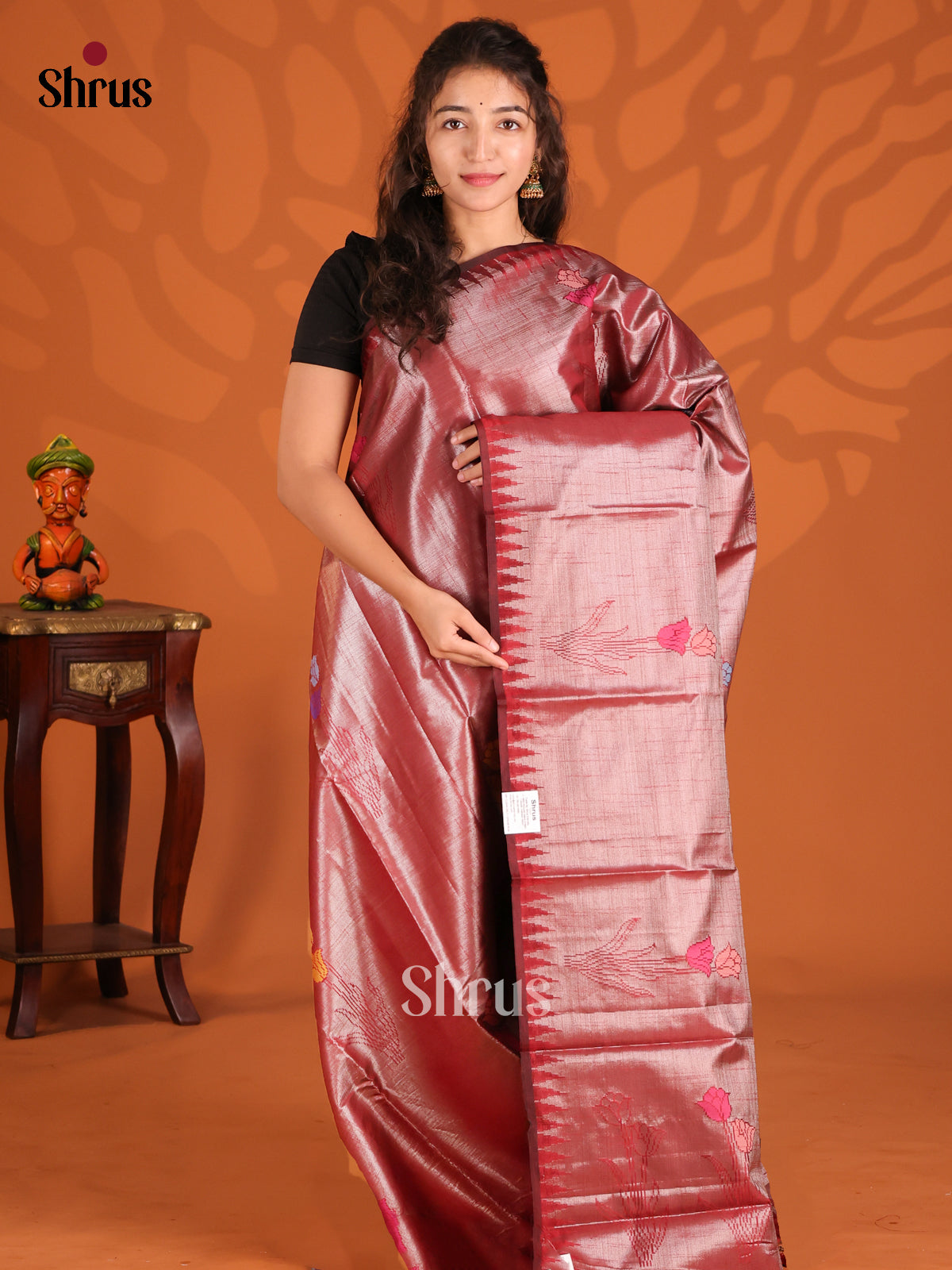 Maroon - Semi Jute Saree - Shop on Shrus.com