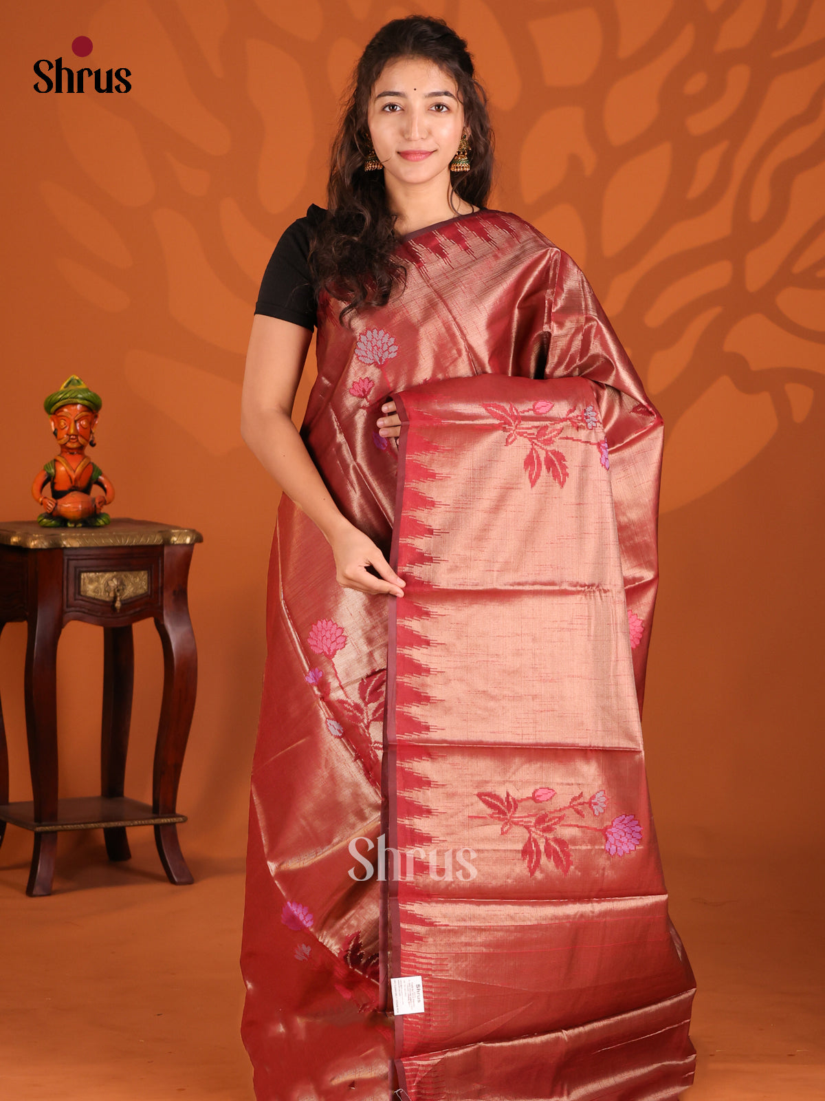 Maroon- Semi Jute Saree - Shop on Shrus.com