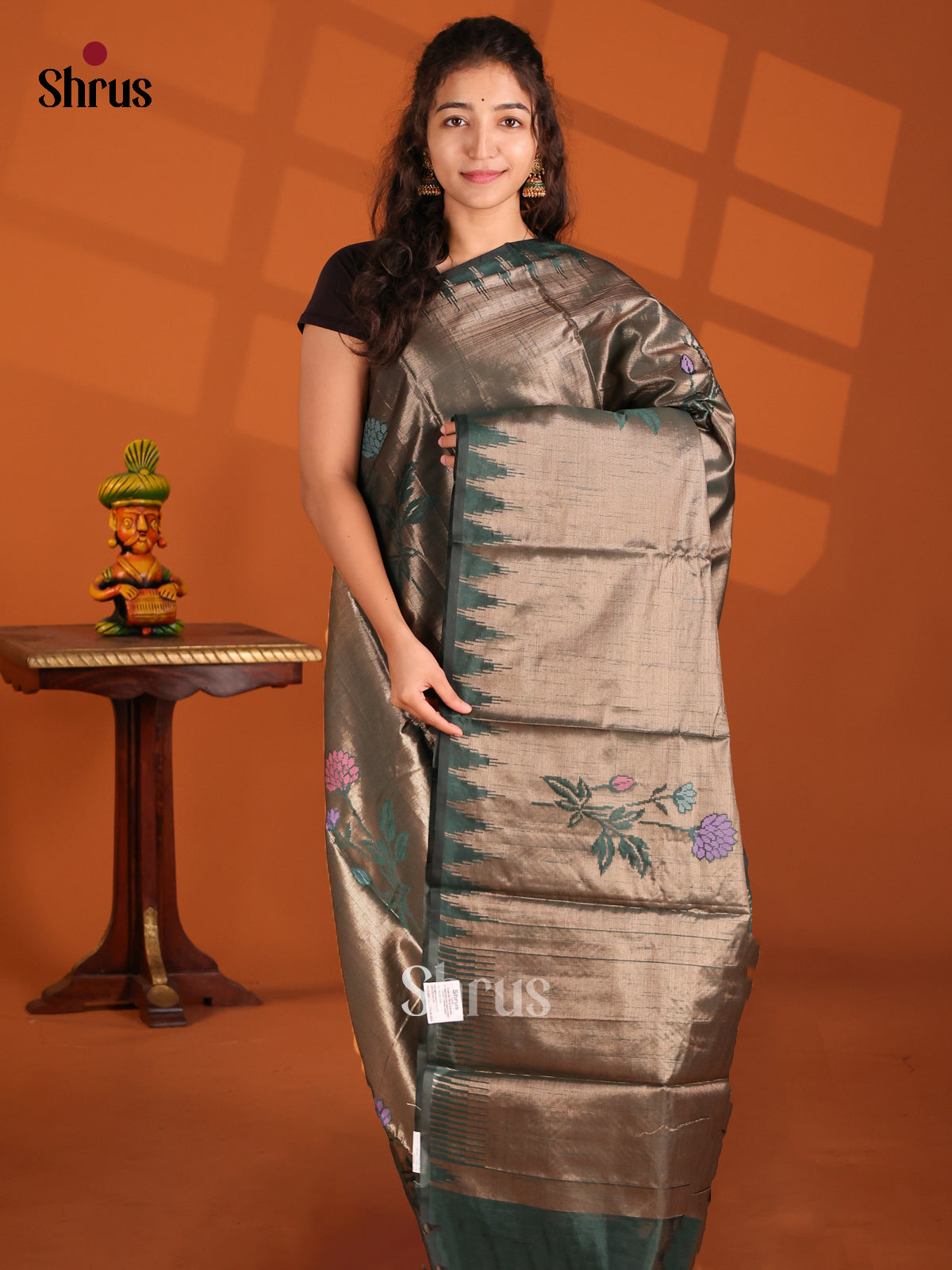 Green  - Semi Jute Saree - Shop on Shrus.com