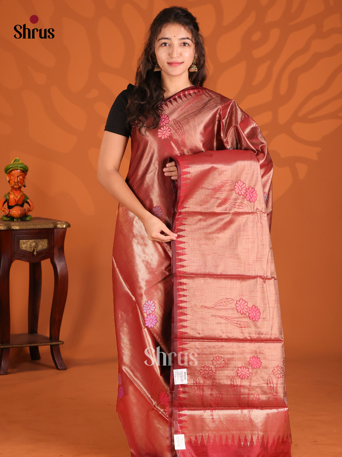 Maroon - Semi Jute Saree - Shop on Shrus.com