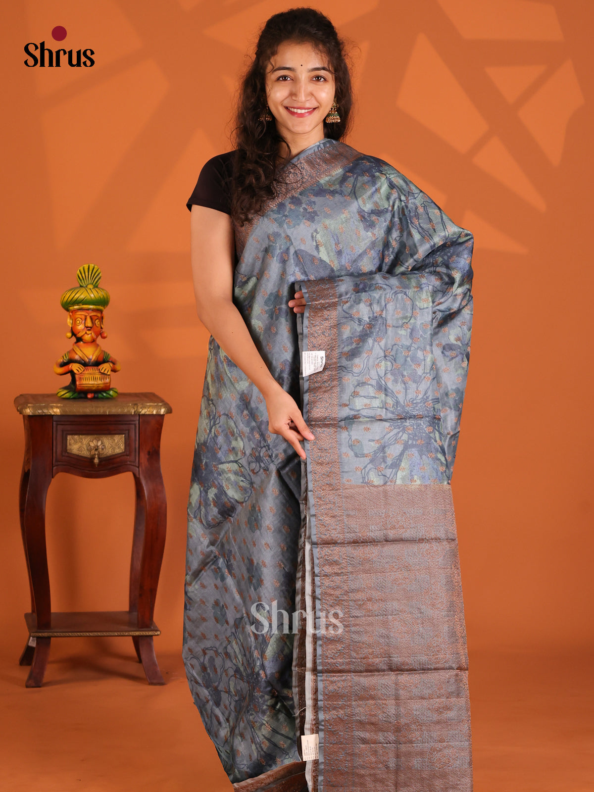 Grey & Blue- Tussar Saree - Shop on Shrus.com