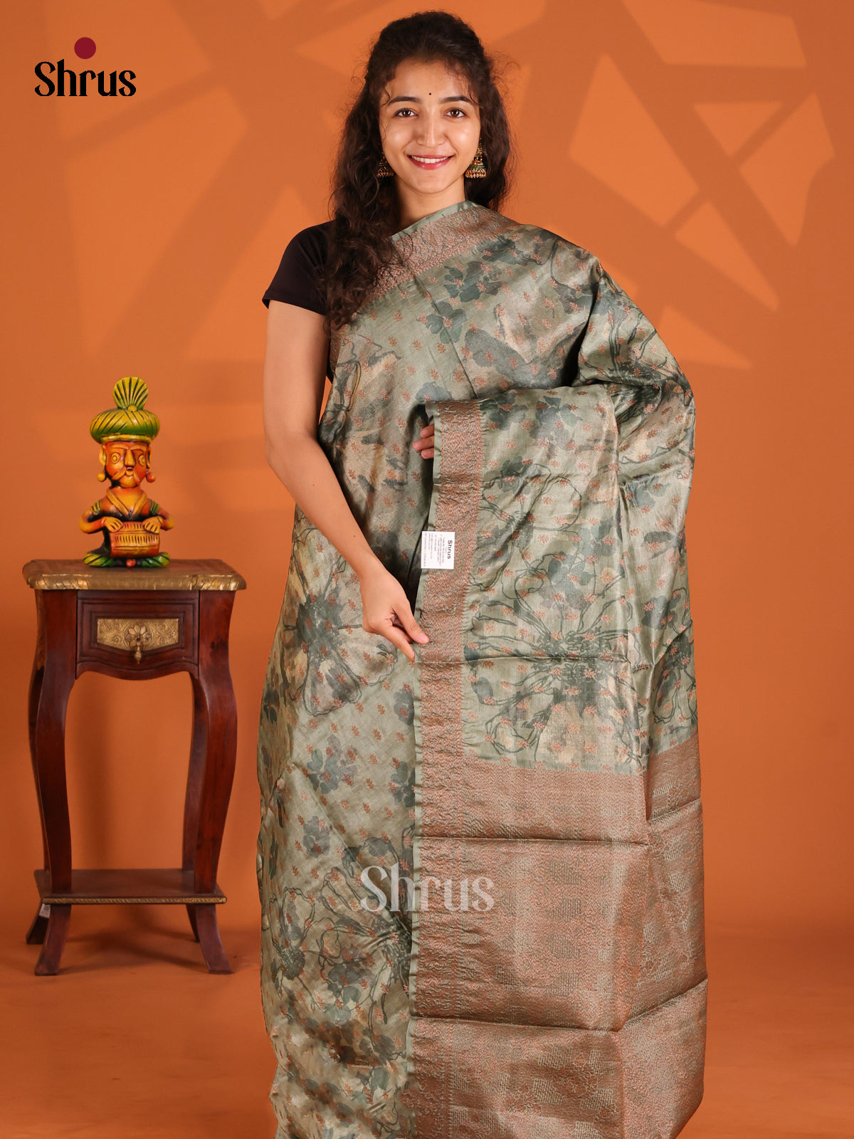 Grey Green(Single Tone)- Tussar Saree