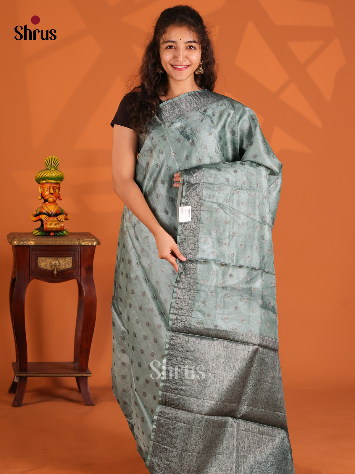 Grey Green(Single Tone) - Tussar Saree - Shop on Shrus.com