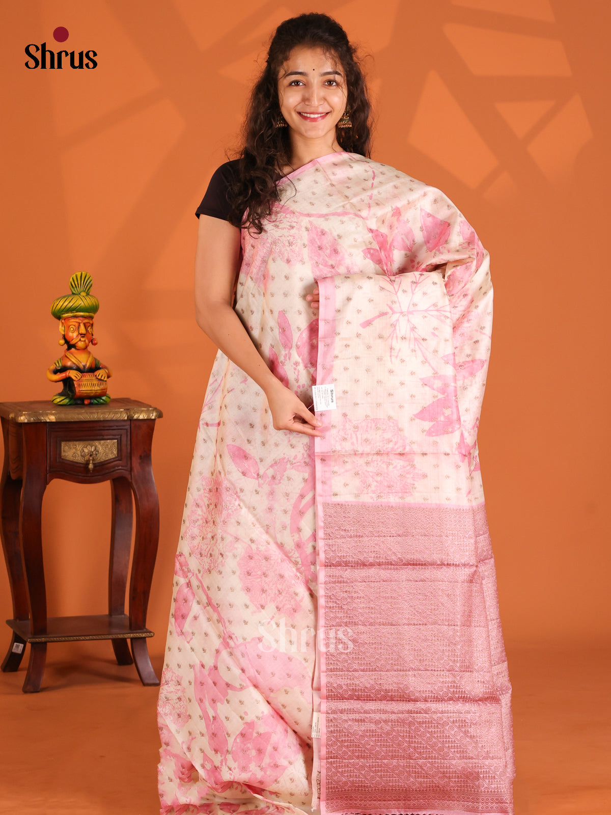 Cream & Pink - Tussar Saree - Shop on Shrus.com