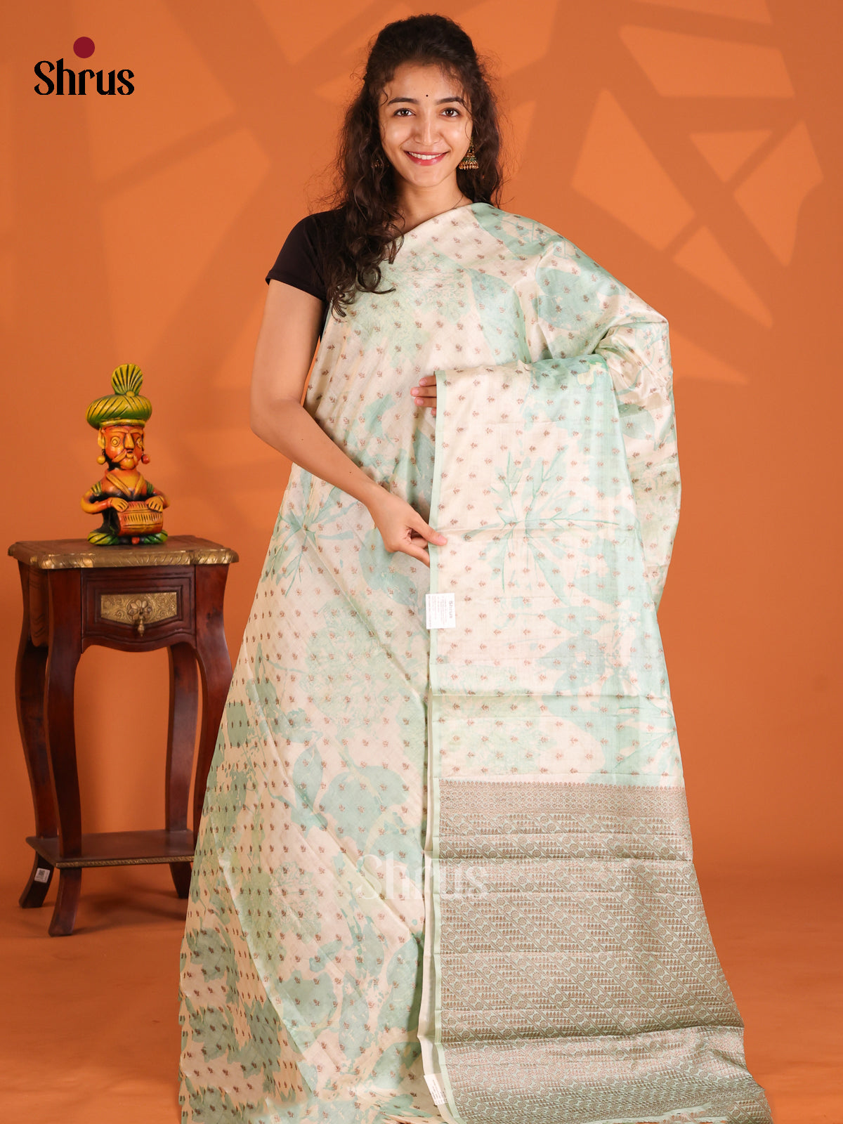 Cream & Teal Green - Tussar Saree