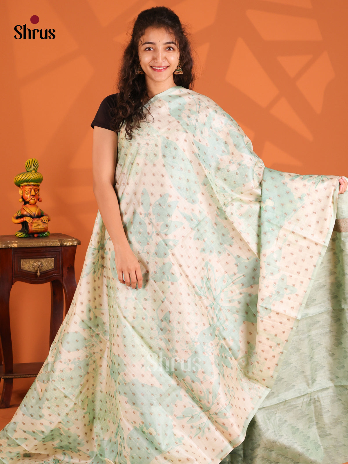 Cream & Teal Green - Tussar Saree-1