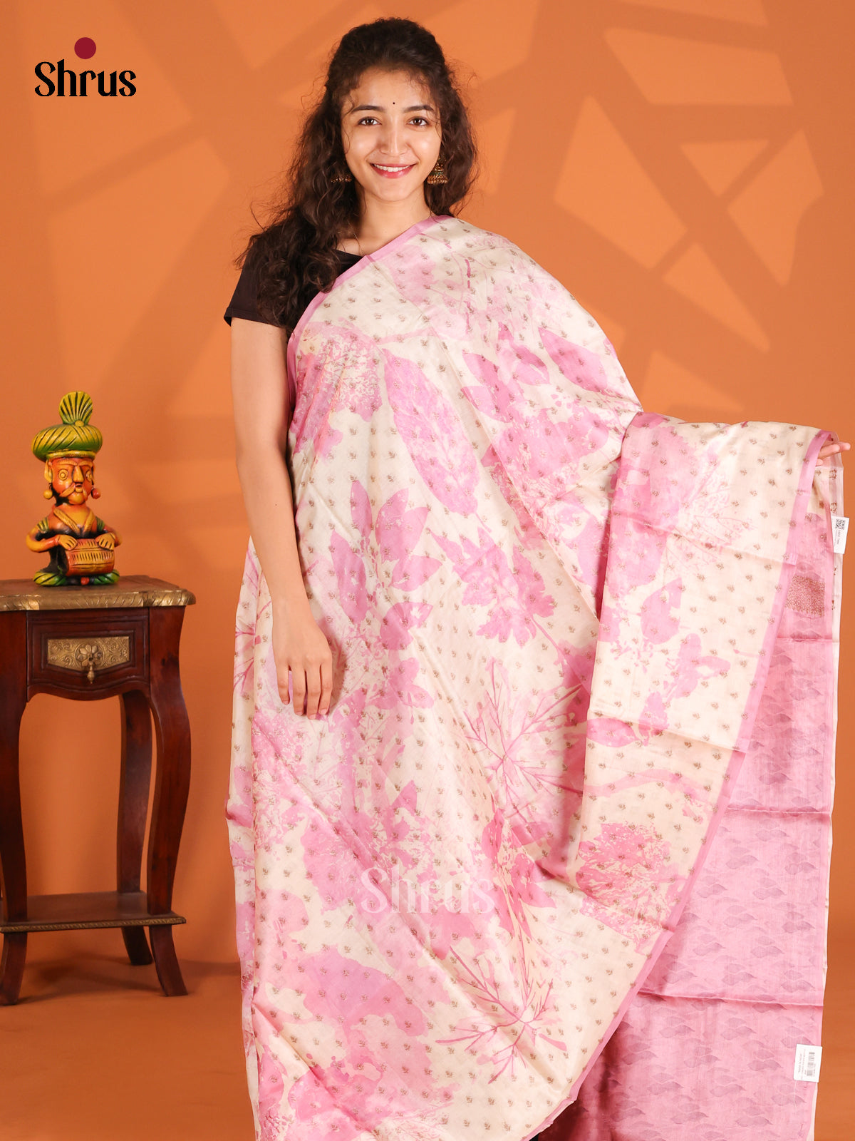 Cream & Pink - Tussar Saree - Shop on Shrus.com