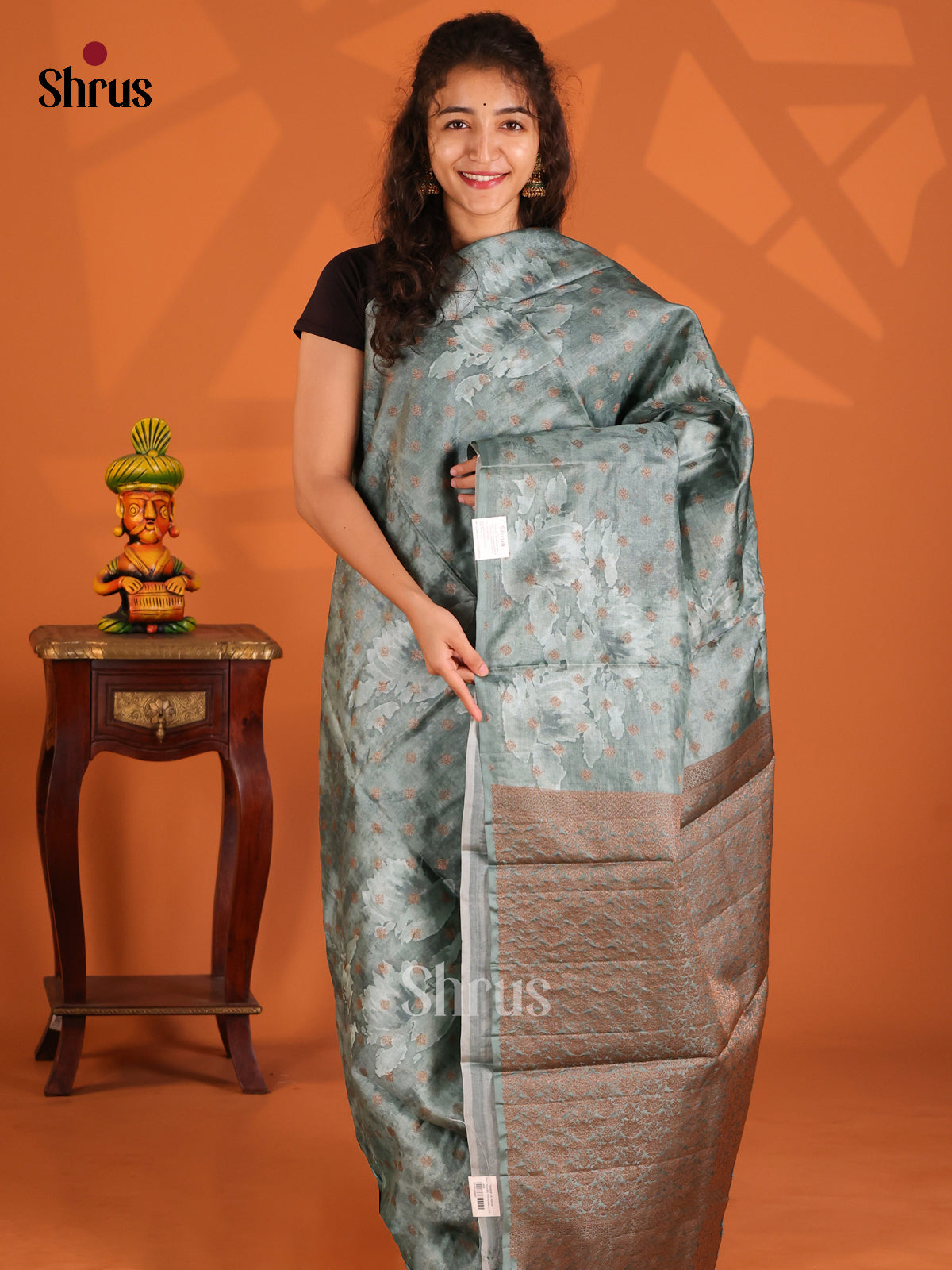 Grey(Single Tone)- Tussar Saree - Shop on Shrus.com