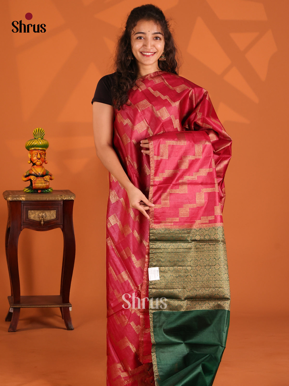 Red & Green- Tussar Saree - Shop on Shrus.com