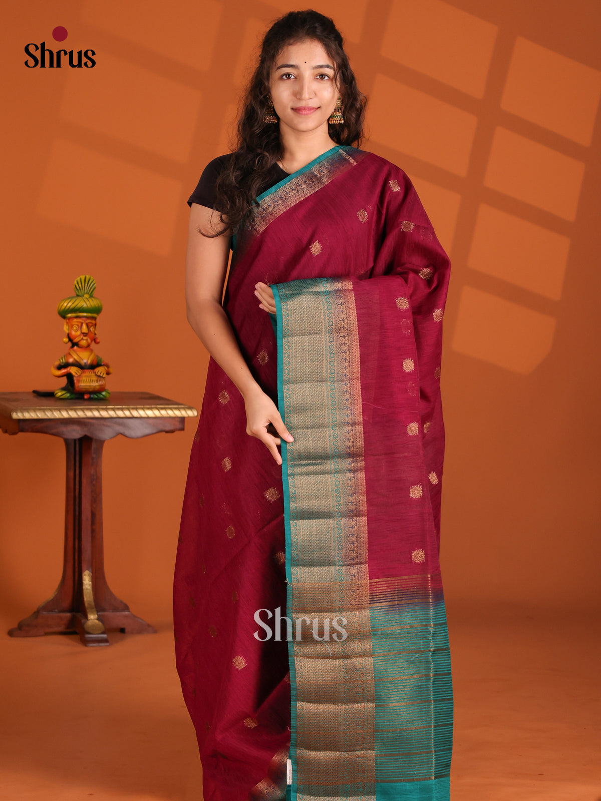 Maroon & teal - Semi Jute Saree - Shop on Shrus.com