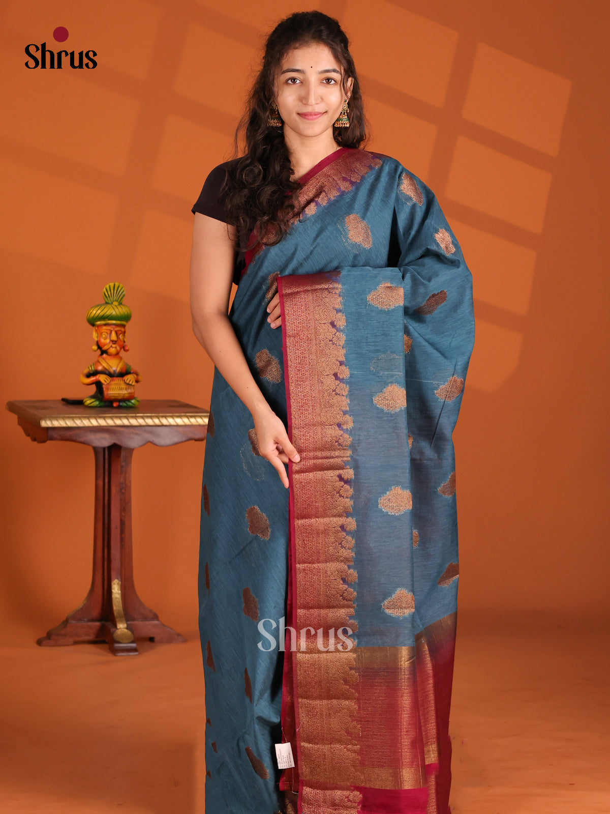 Blue & Maroon- Semi Jute Saree - Shop on Shrus.com