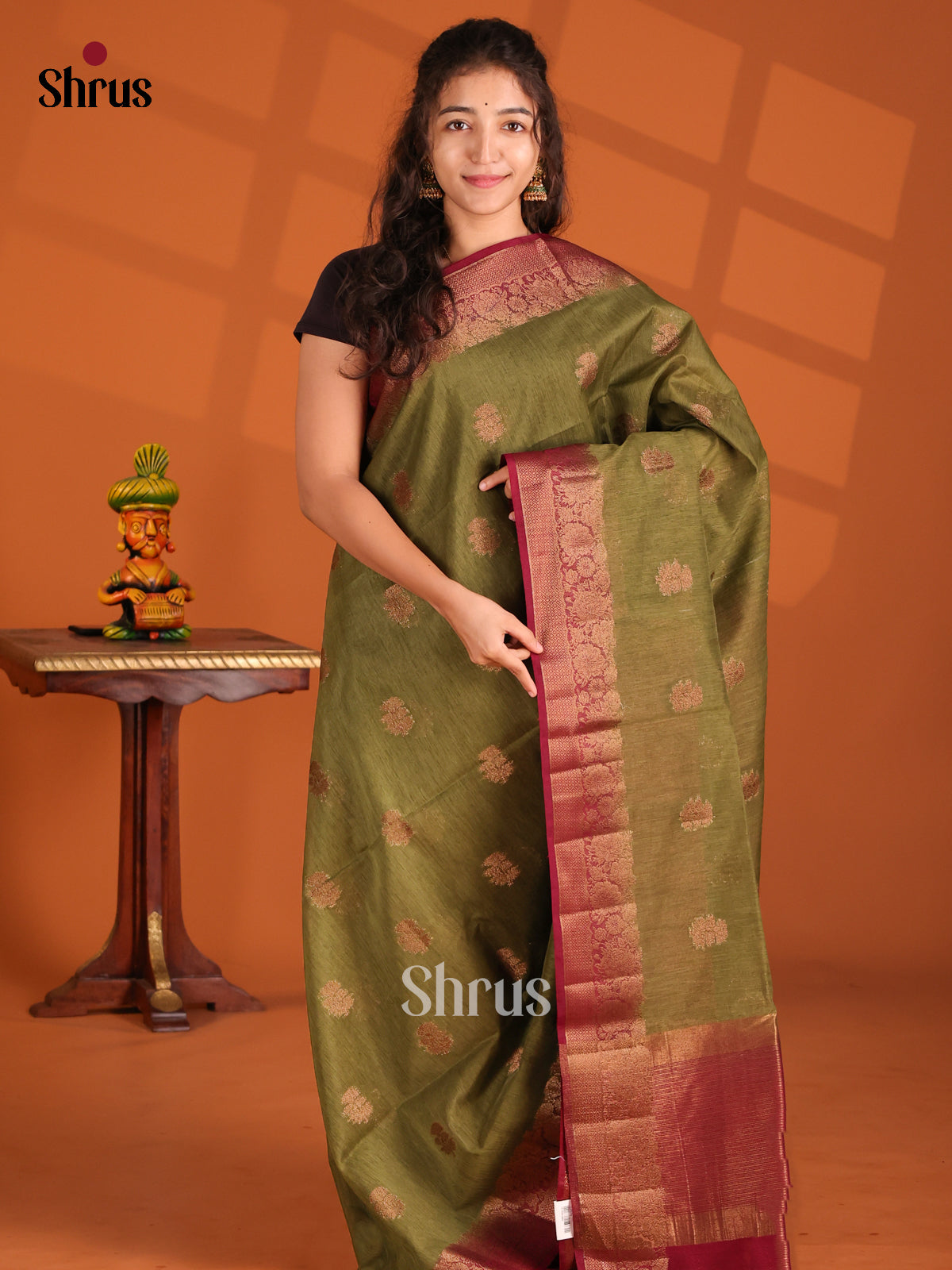 Green & maroon- Semi Jute Saree - Shop on Shrus.com